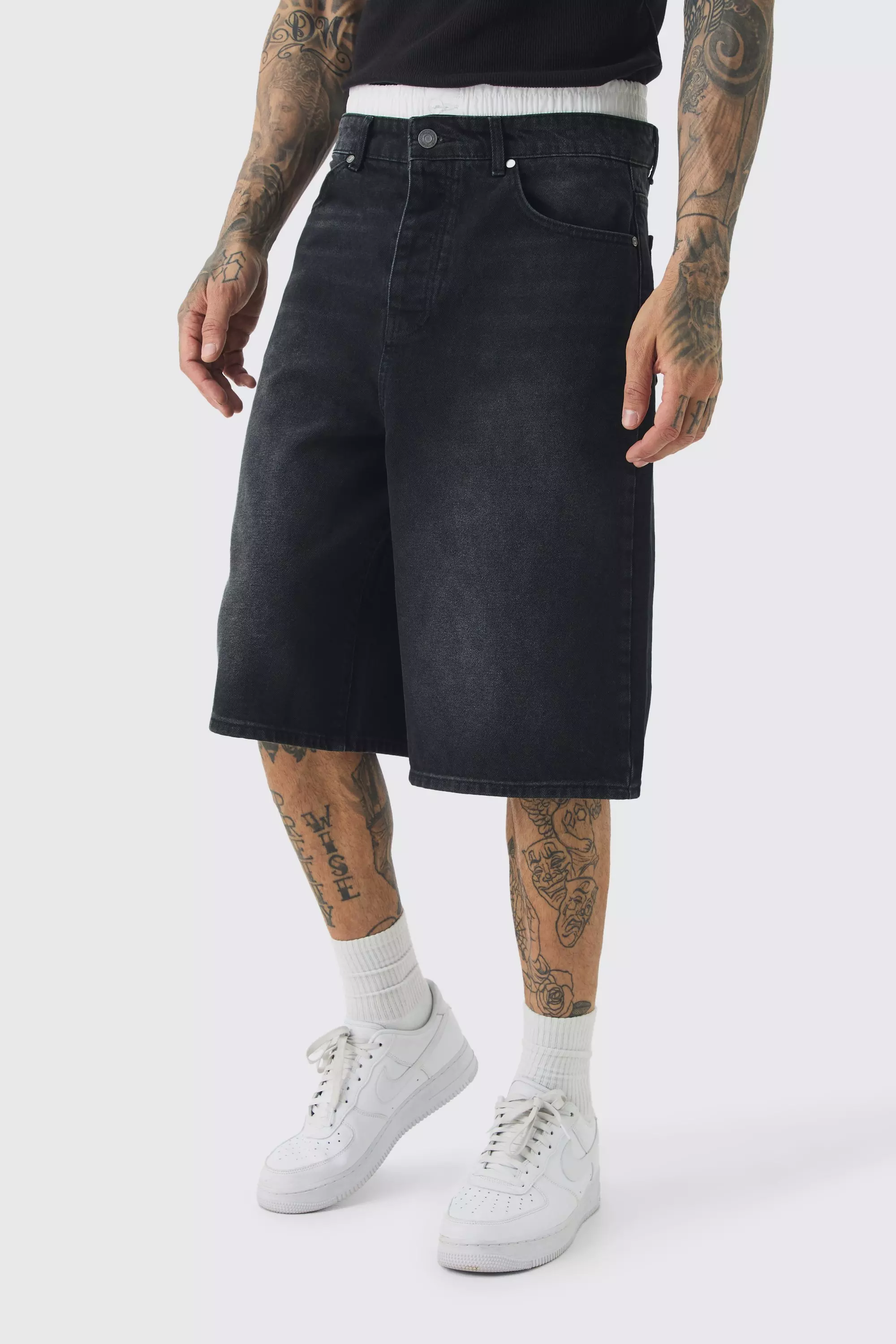 Black Tall Double Waist Band Denim Jorts In Black