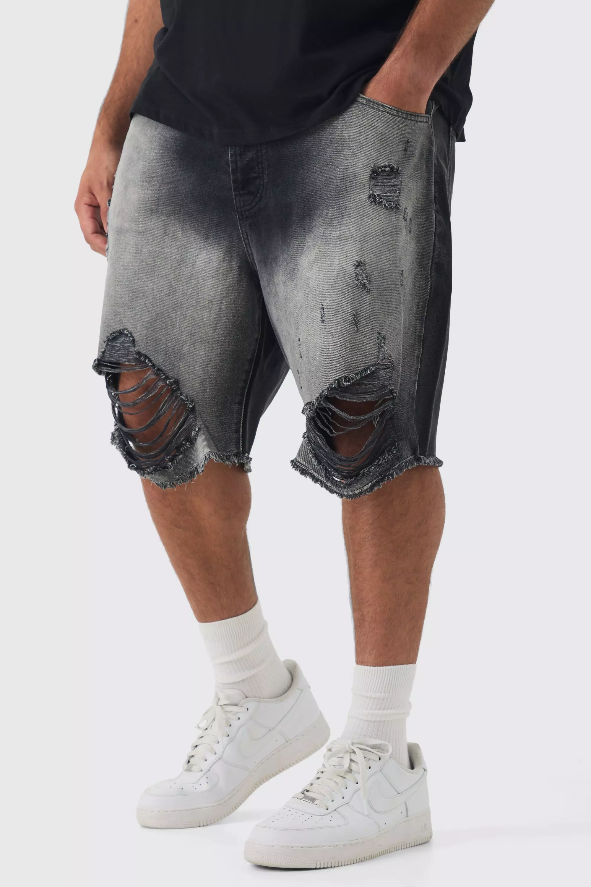 Grey Plus Relaxed Rigid Long Length Ripped Denim Shorts In Washed Black