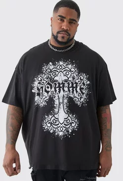 Plus Oversized Homme Cross Front & Back Print T-shirt Black