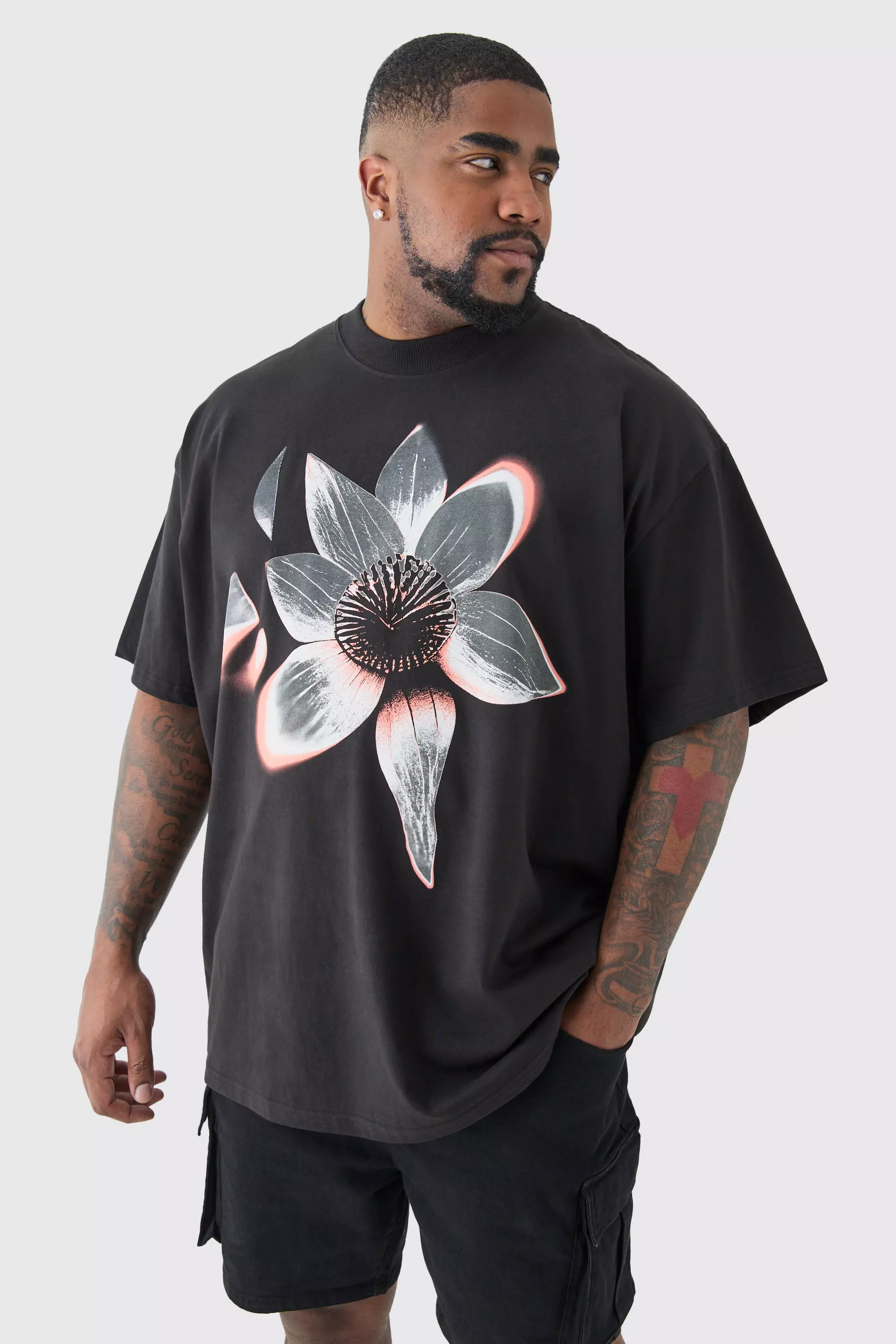 Plus Oversized Extended Neck Abstract Floral Print T-shirt Black