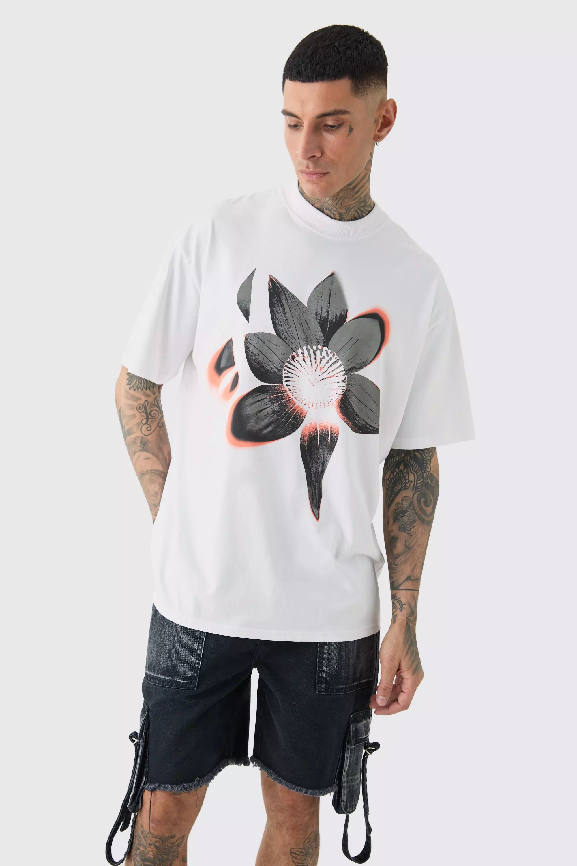 Tall Oversized Extended Neck Abstract Floral Print T-shirt White