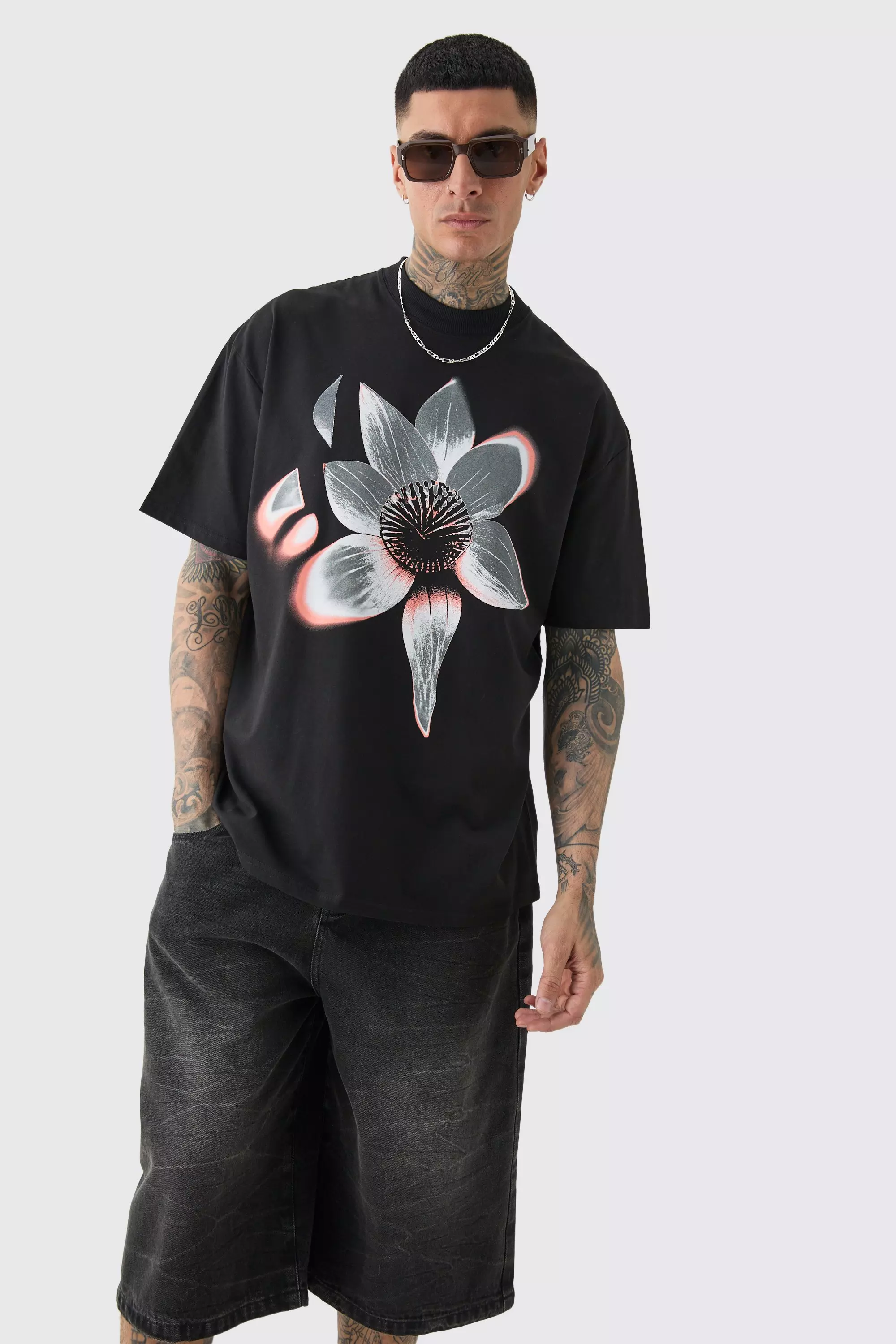 Tall Oversized Extended Neck Abstract Floral Print T-shirt Black