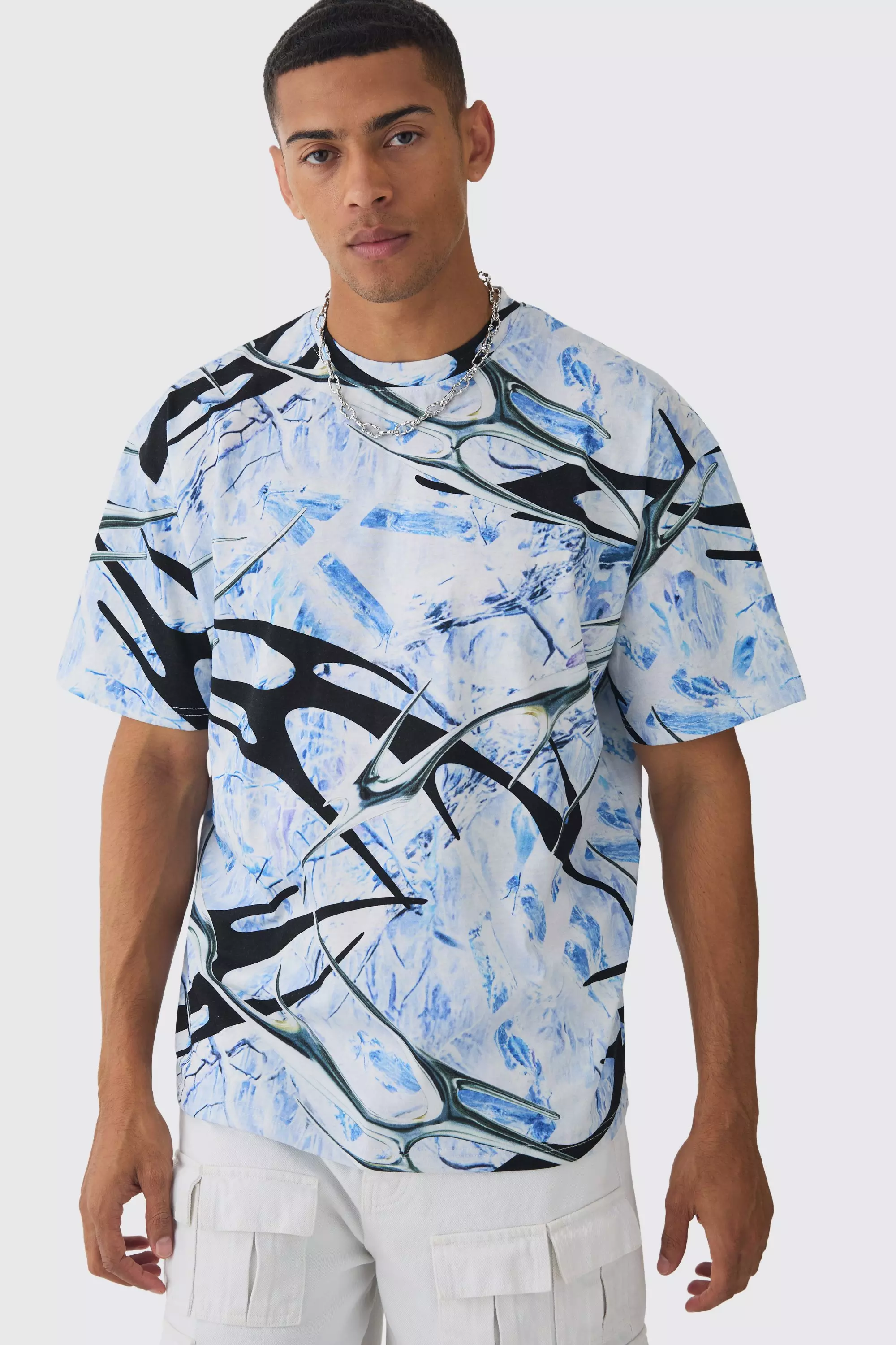 Oversized Extended Neck Abstract Print T-Shirt Blue