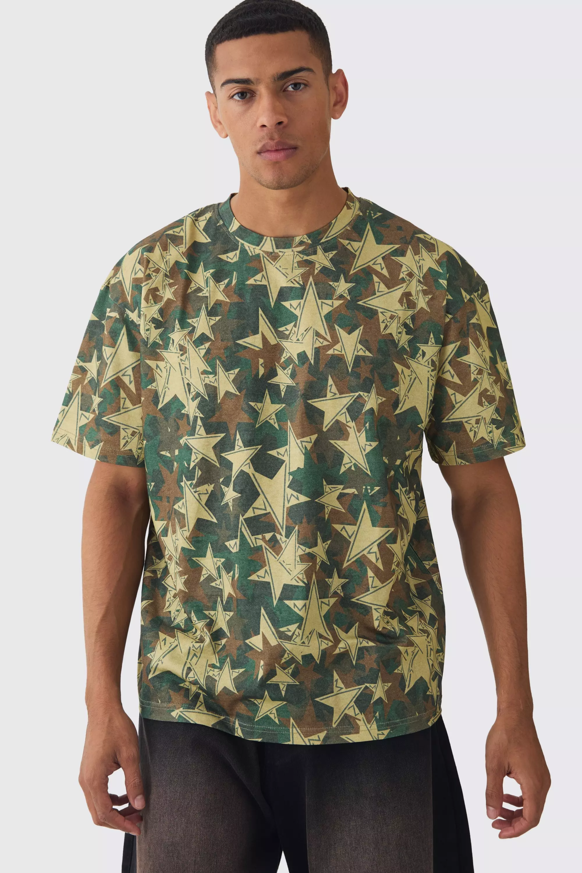 Khaki Oversized Extended Neck Star Camo T-shirt