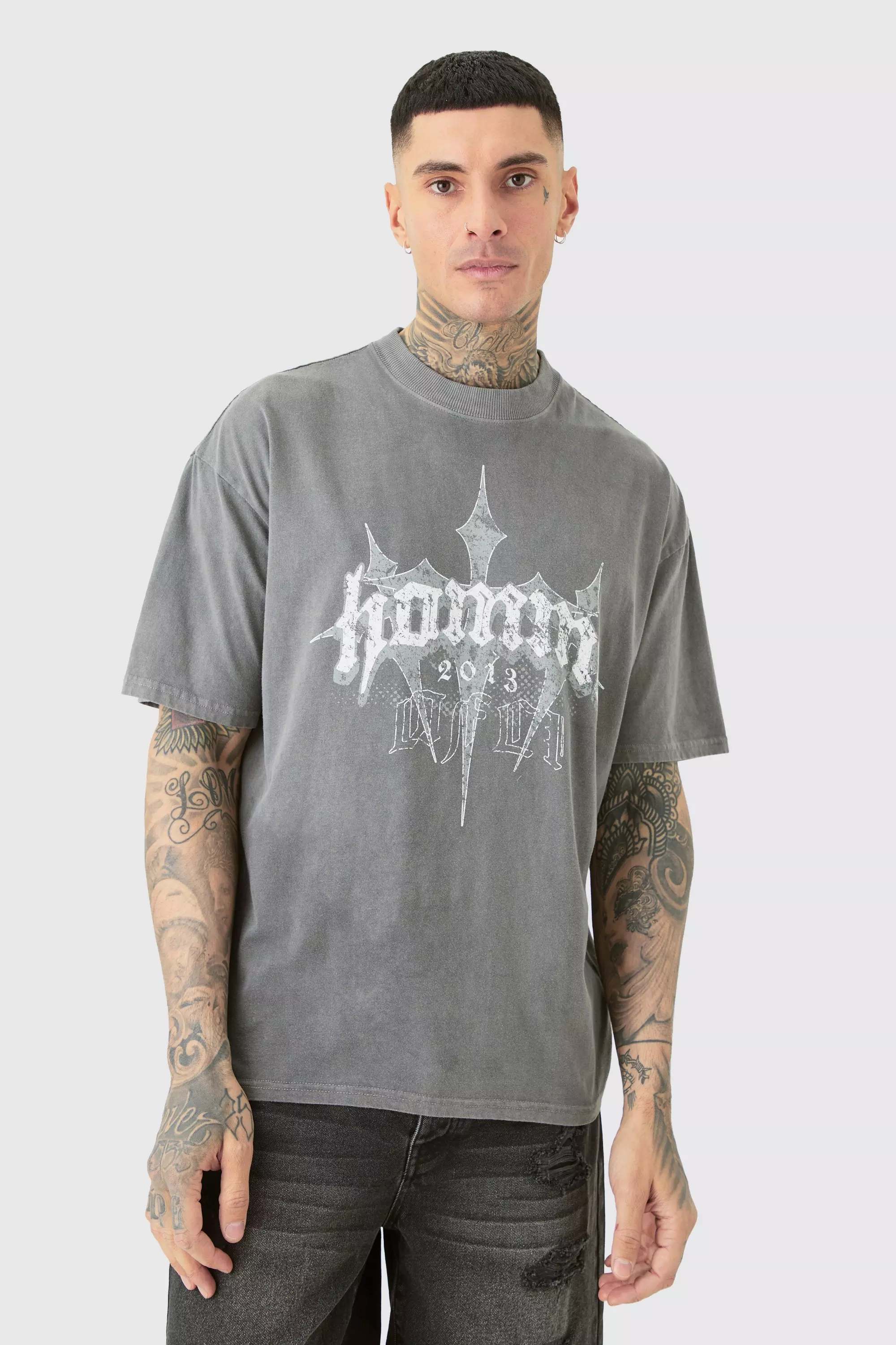 Grey Tall Oversized Homme Cross T-shirt In Grey