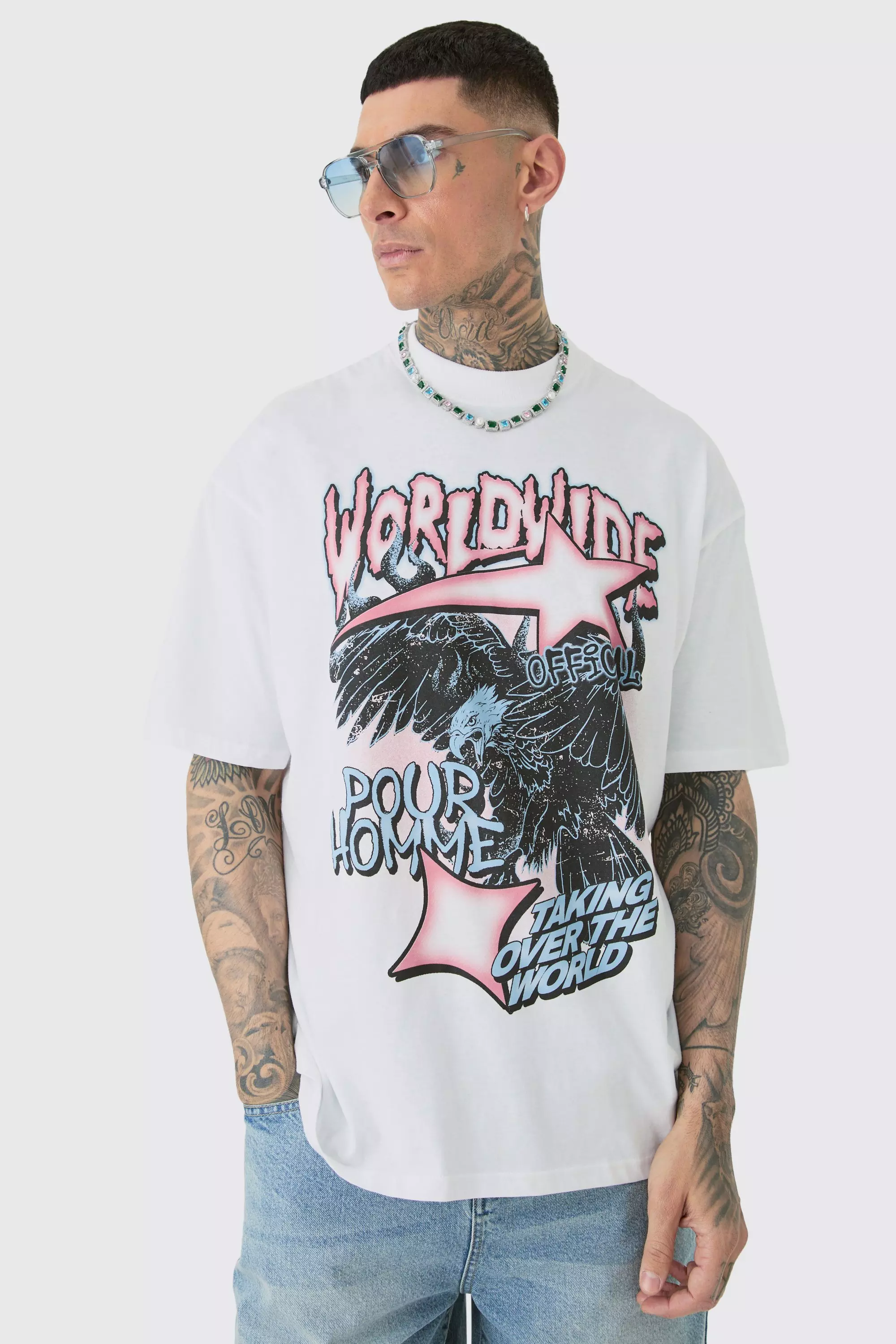 Tall Oversized Worldwide Eagle T-shirt In White White
