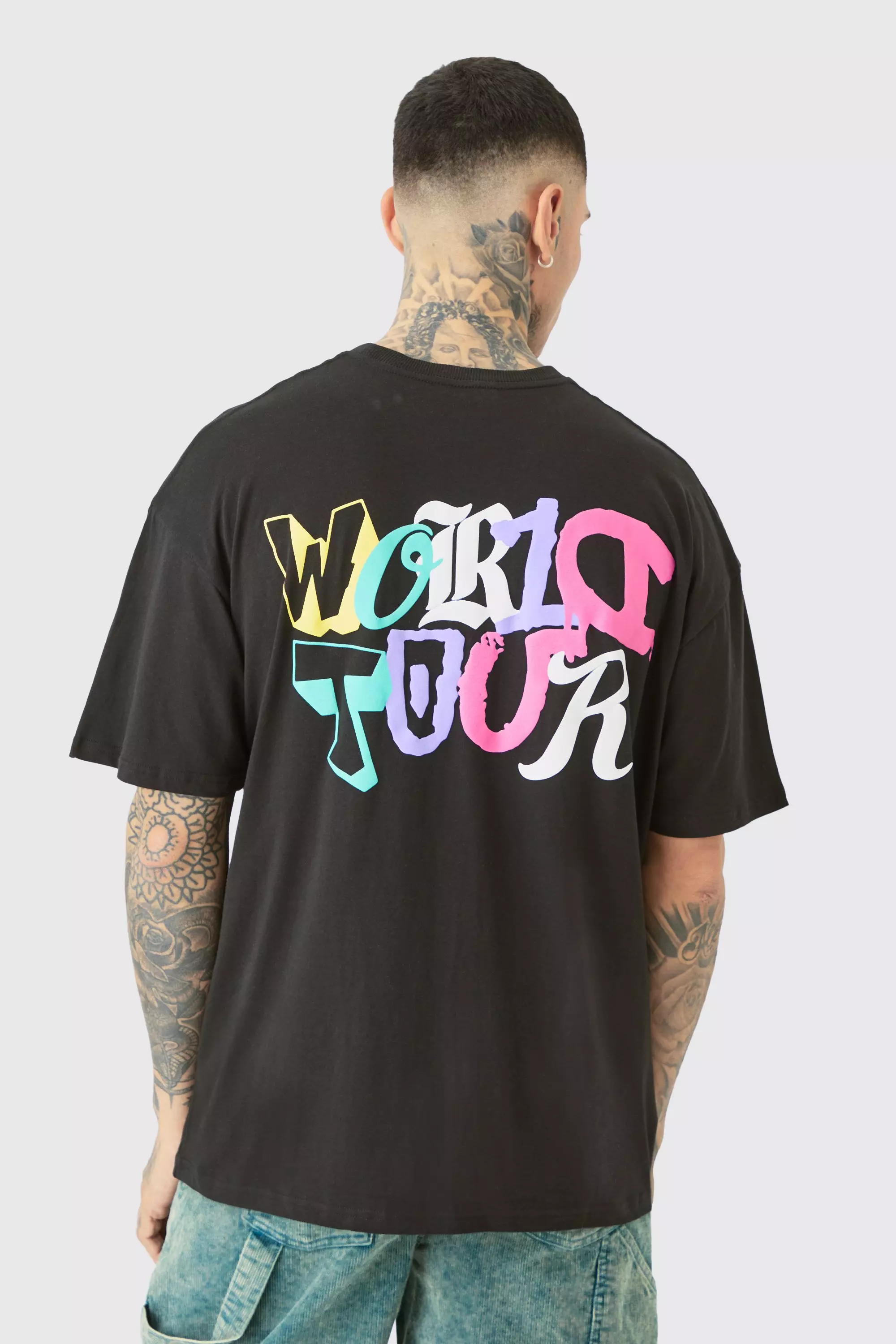 Black Tall Oversized World Tour Puff Print T-shirt In Black