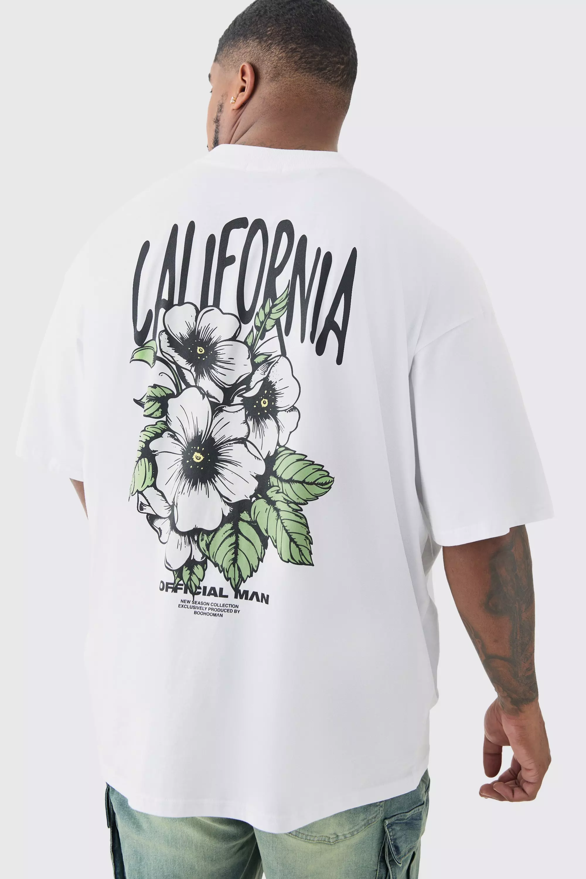 White Plus Oversized California Back Print Floral T-shirt In White