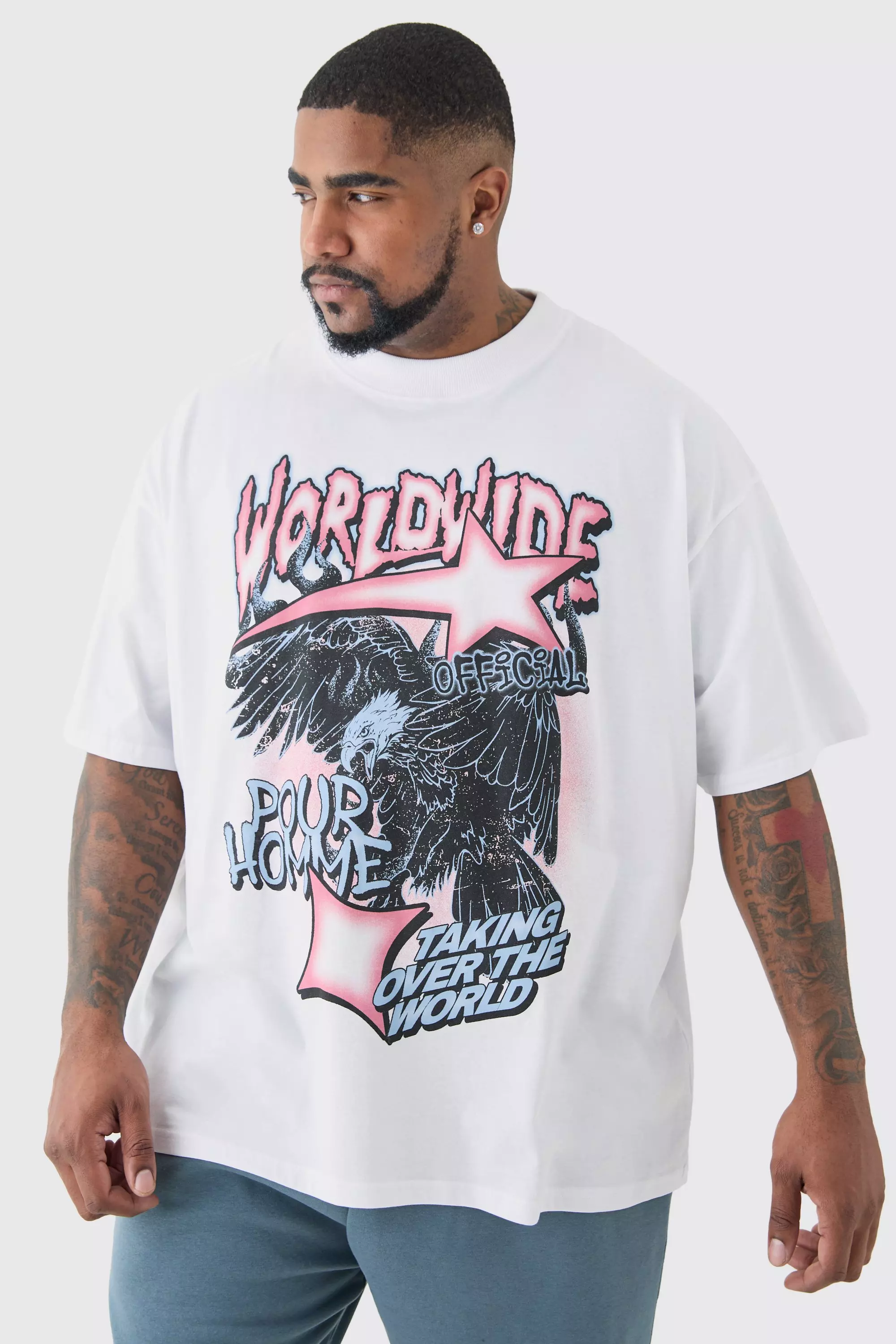 White Plus Oversized Worldwide Eagle Print T-shirt In White