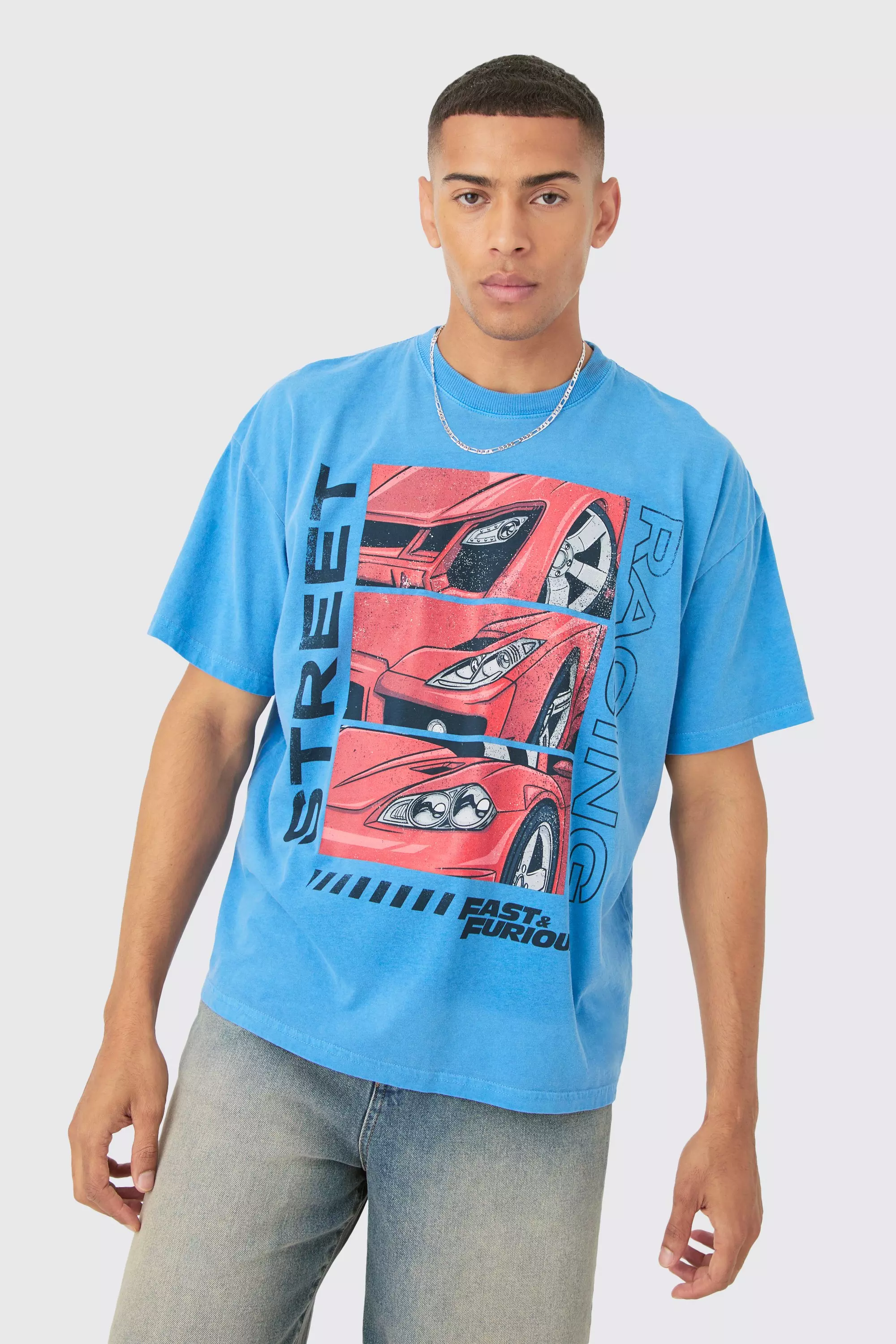 Blue Oversized Fast And Furious Wash License T-shirt alternative image