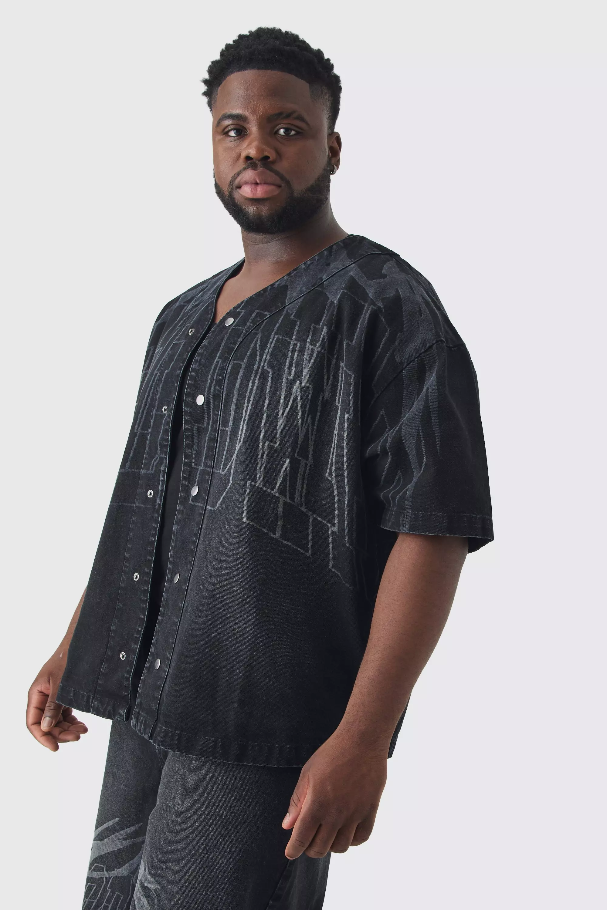 Black Plus Printed Embroidery Denim Shirt