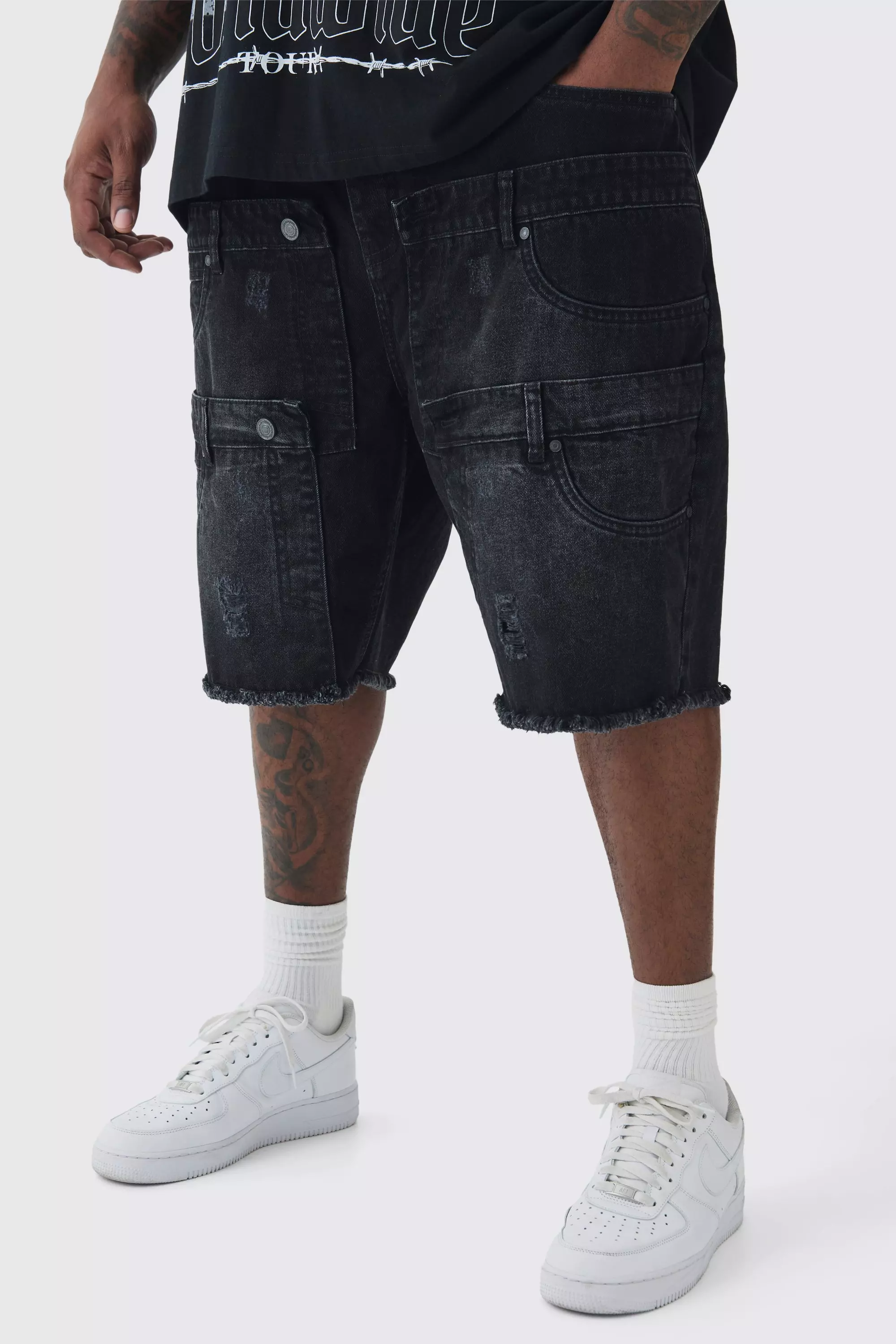 Ash Grey Plus Multi Waistband Relaxed Fit Denim Shorts