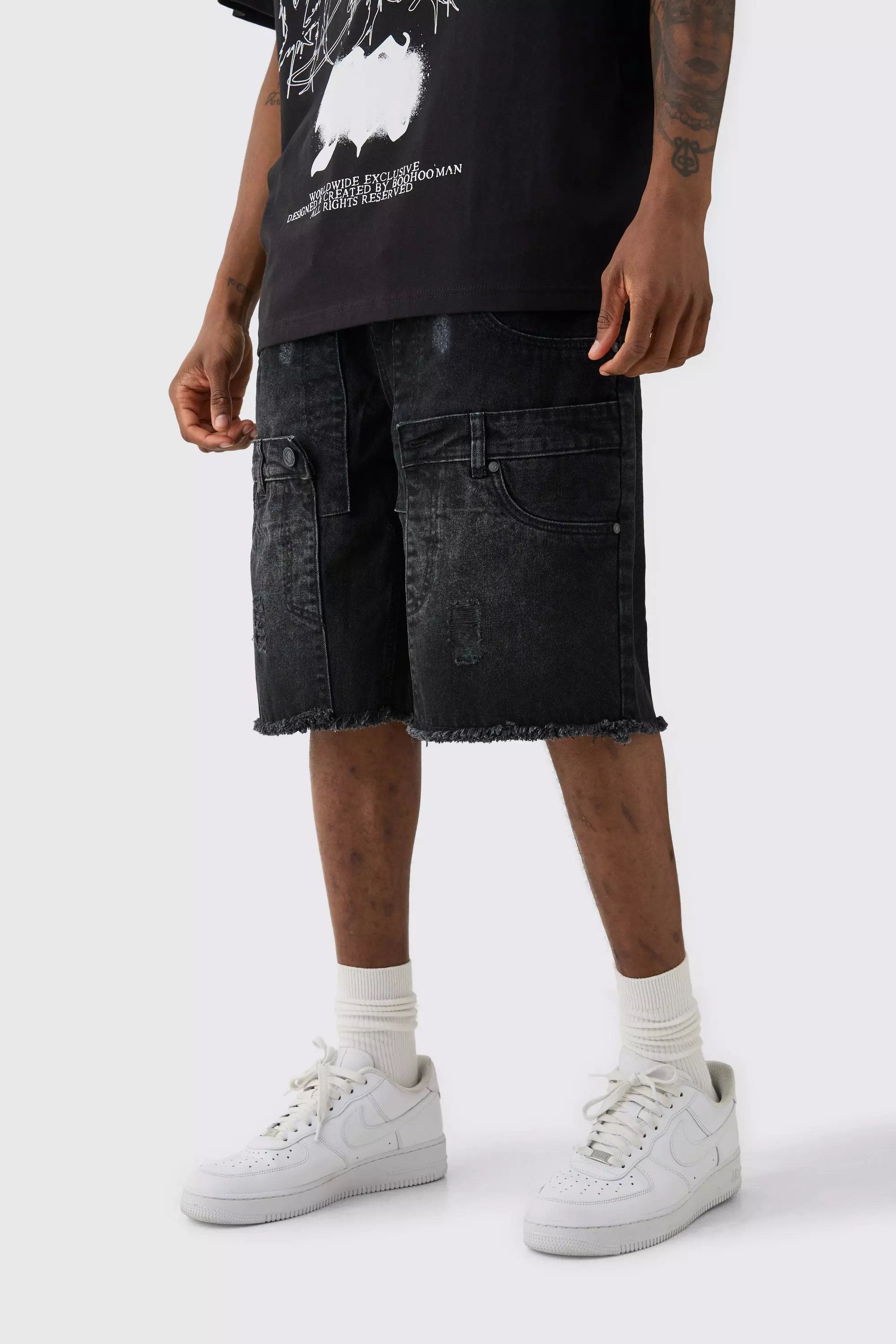 Ash Grey Tall Multi Waistband Relaxed Fit Denim Shorts