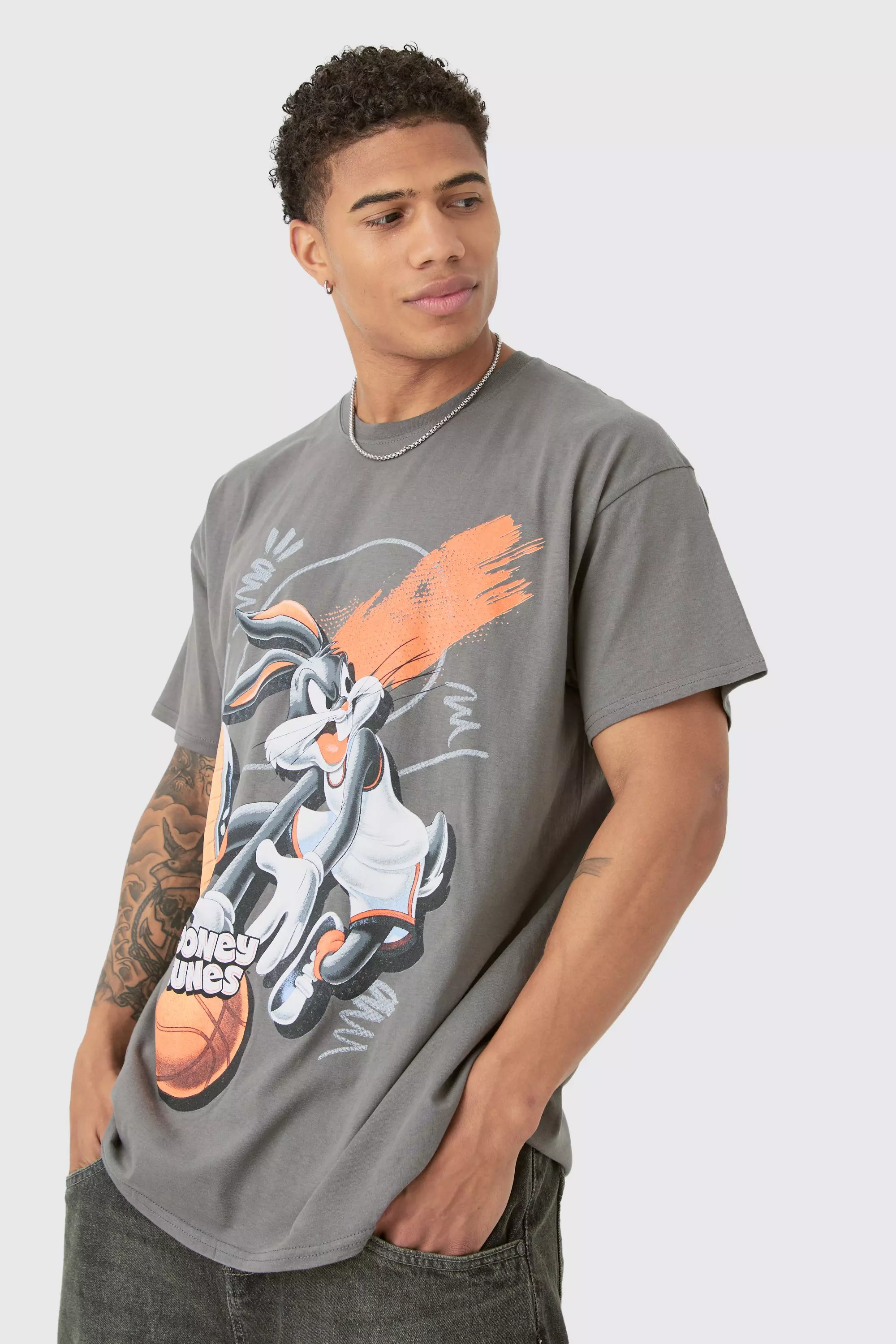 Oversized Looney Tunes Basketball License Wash Print T-shirt Charcoal