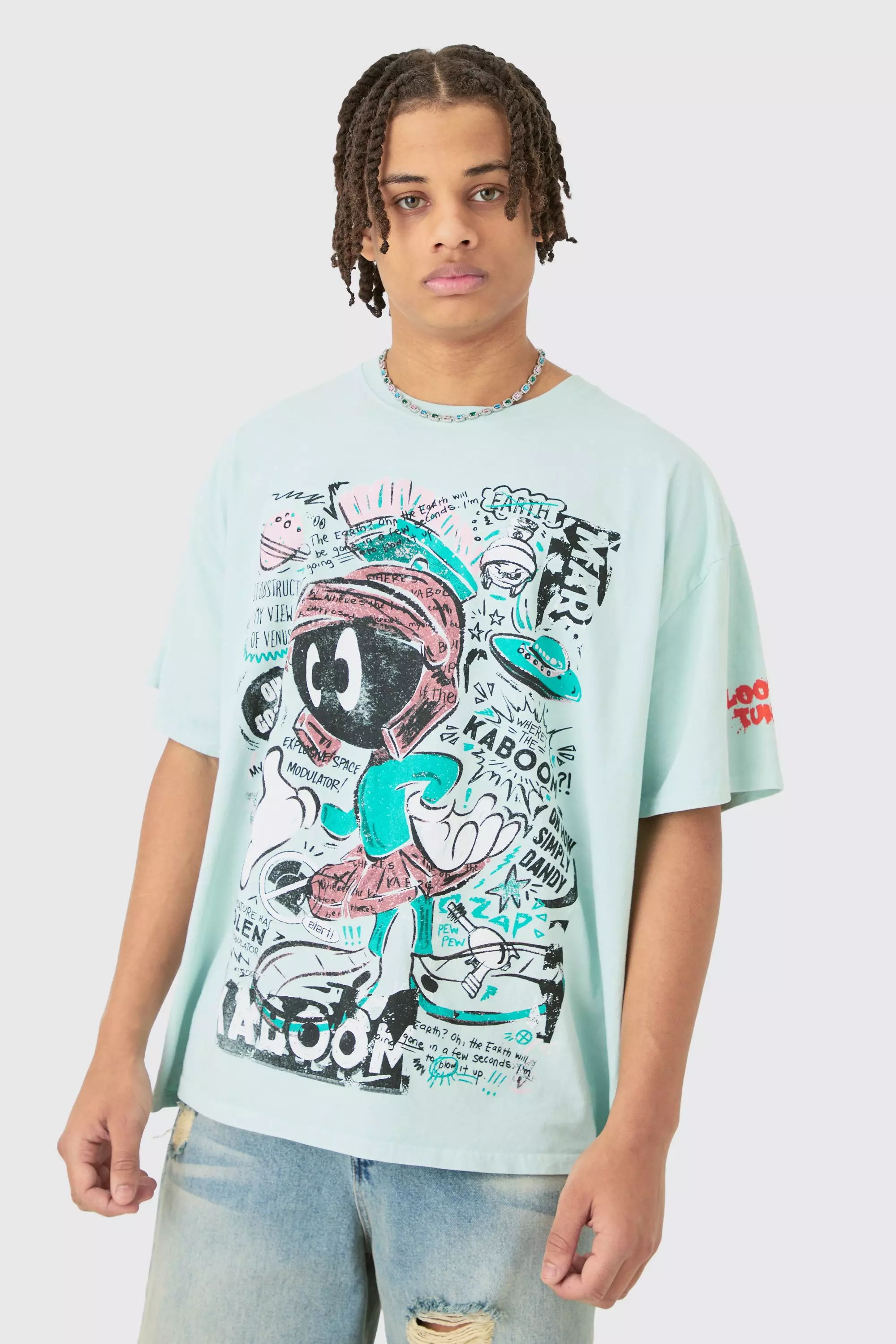 Aqua Blue Oversized Looney Tunes Wash License T-shirt