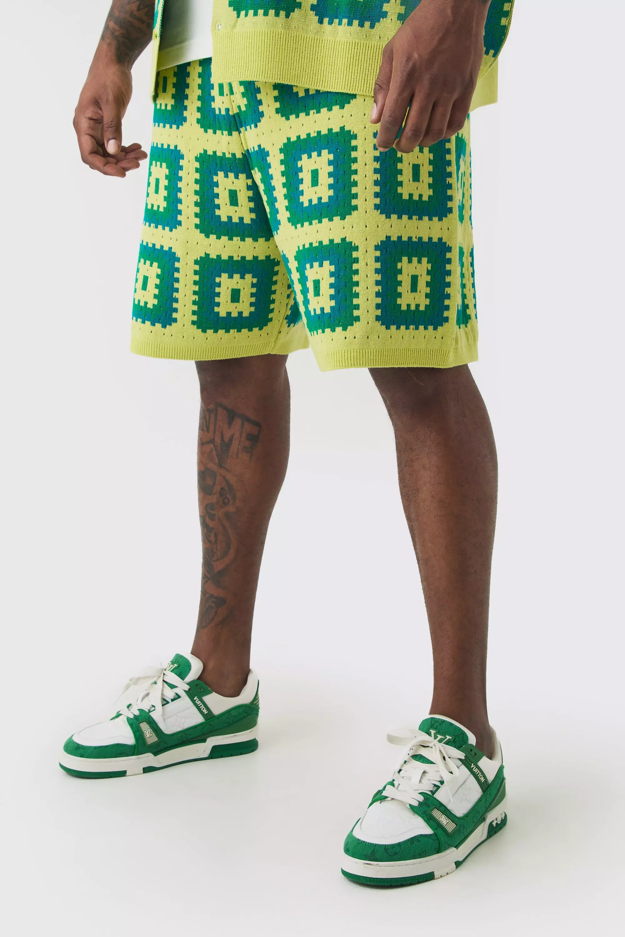 Plus Crochet Relaxed Fit Shorts Green