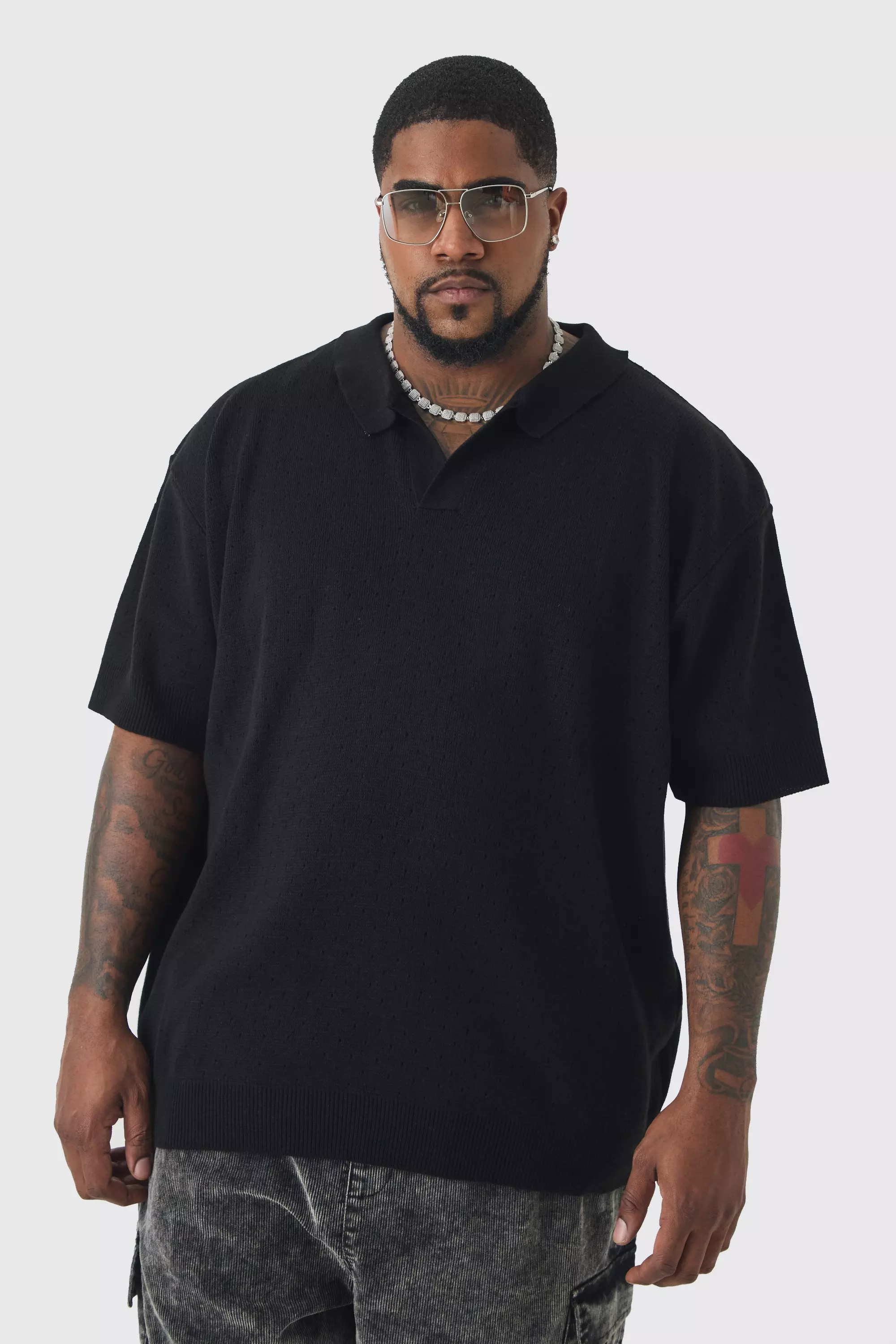 Plus Oversized Revere Crochet Polo Black