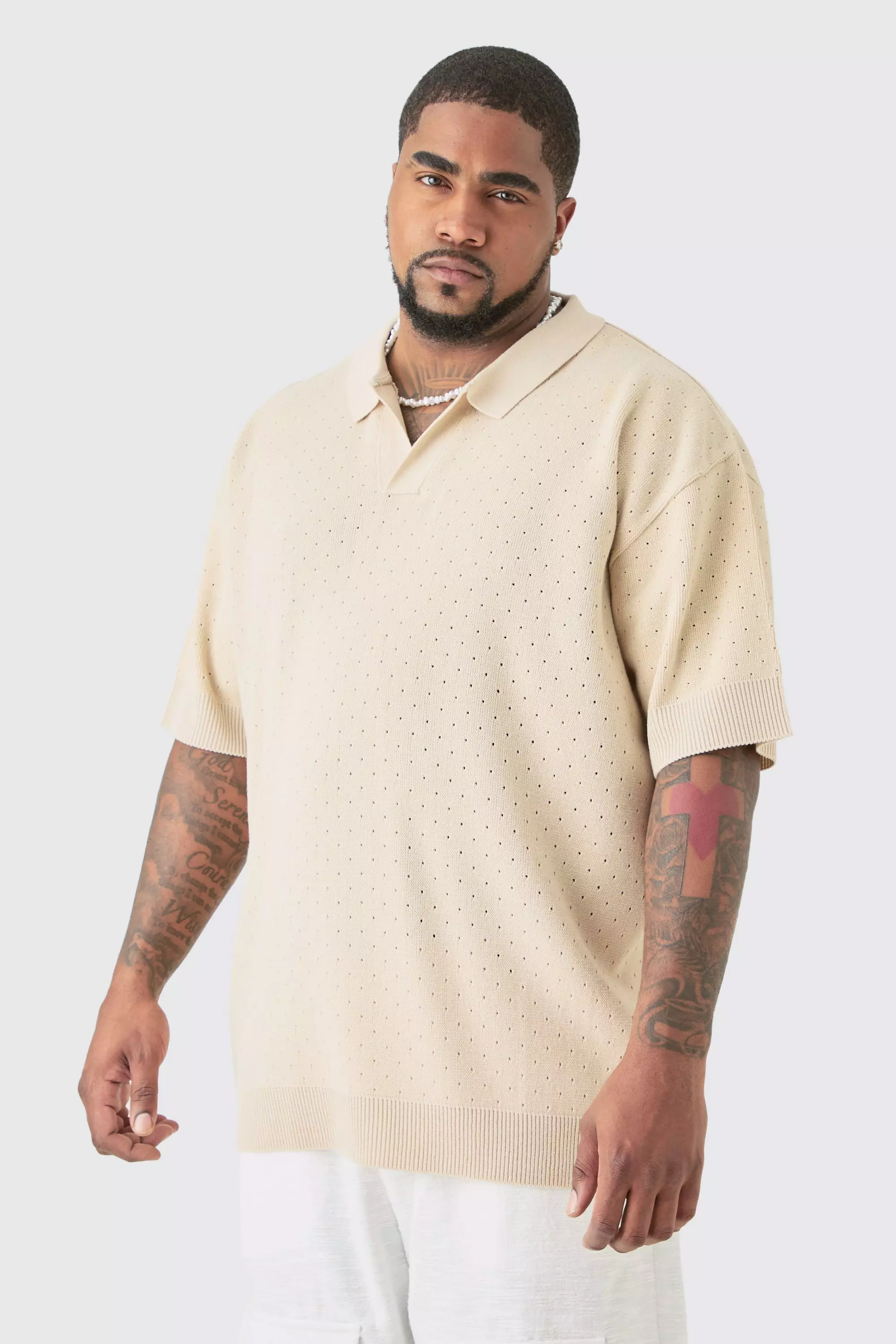 Plus Oversized Revere Crochet Polo Stone