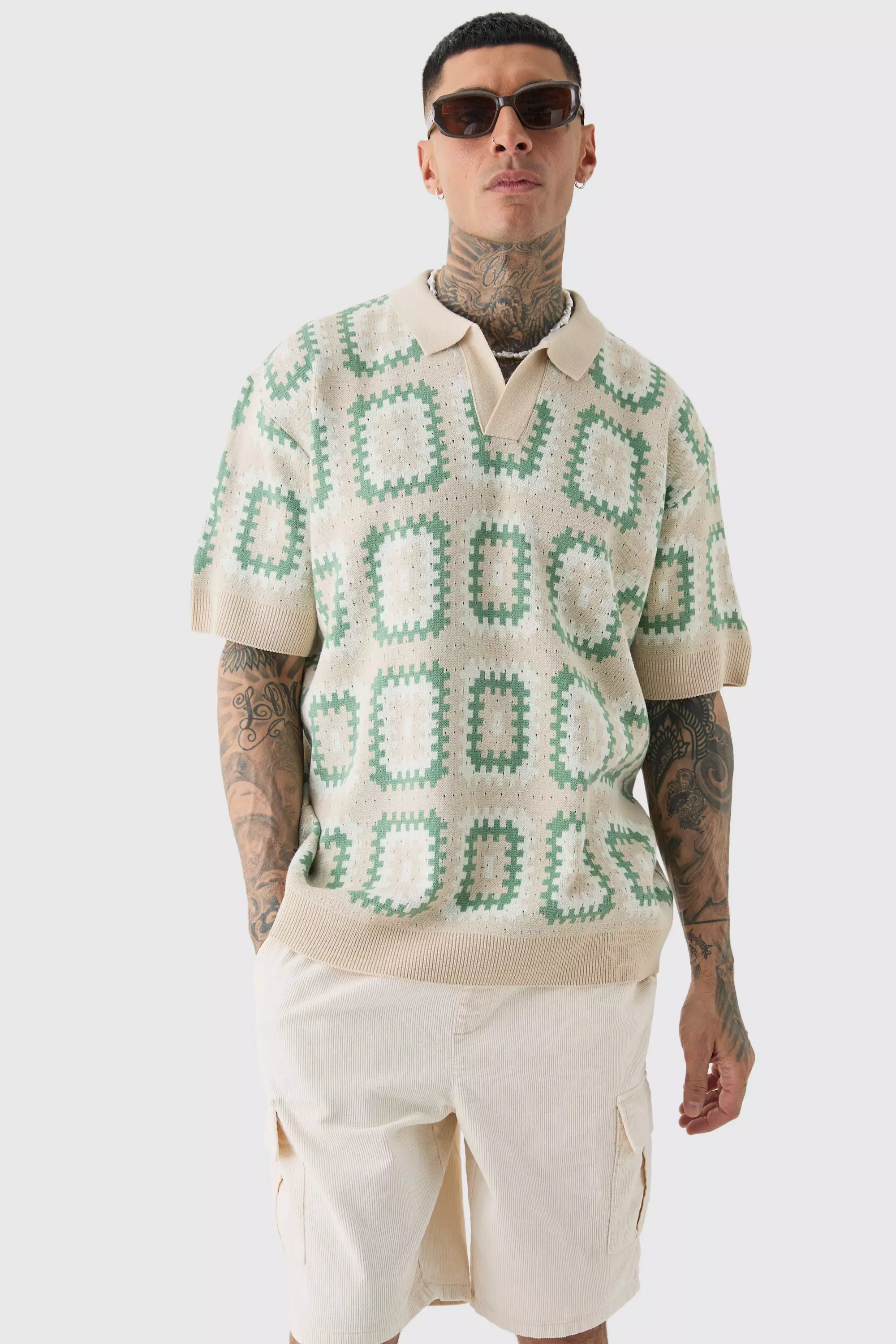 Tall gehäkeltes Oversize Poloshirt, Sage alternatives Bild
