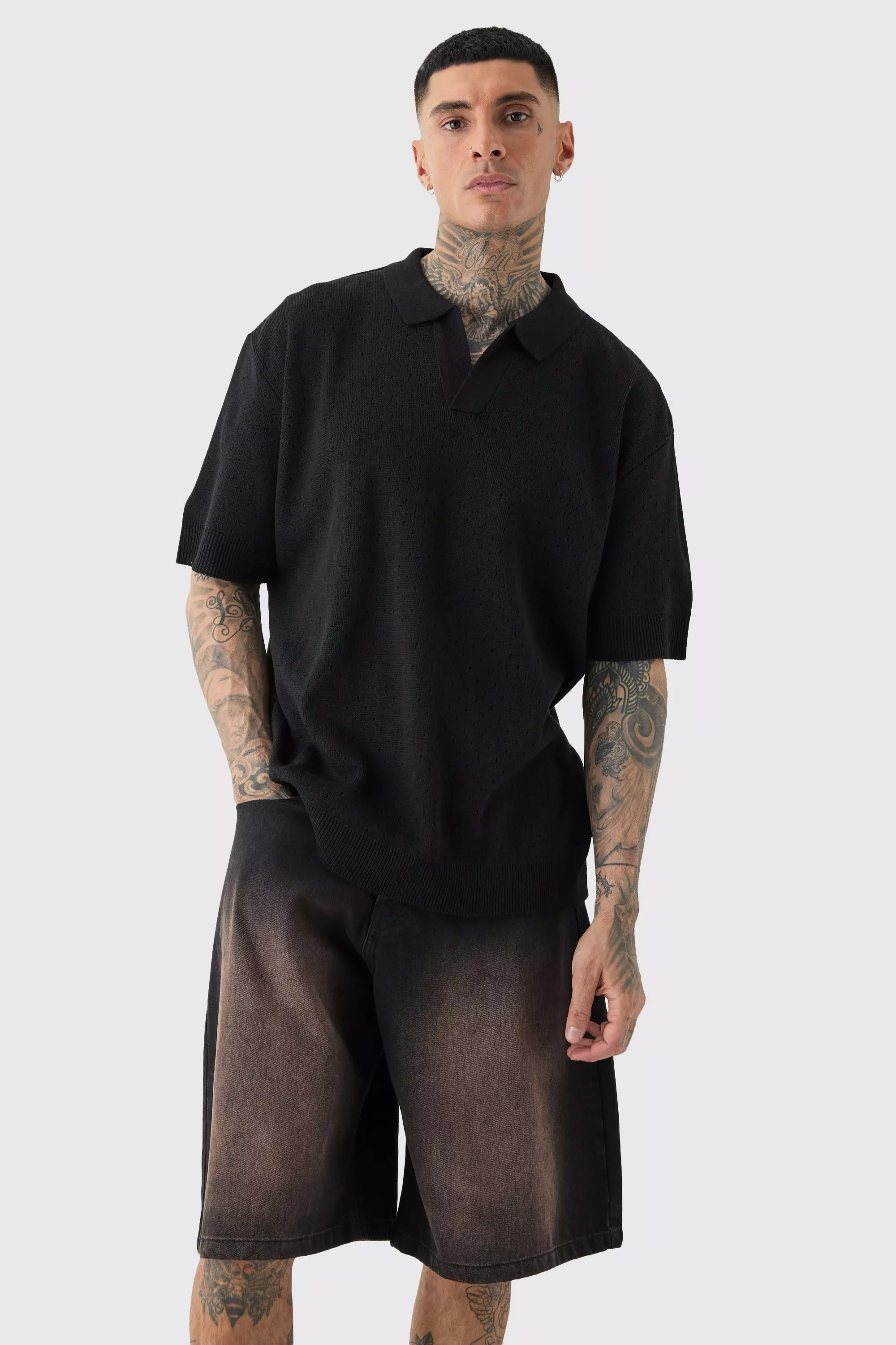 Tall Oversized Revere Crochet Polo Black