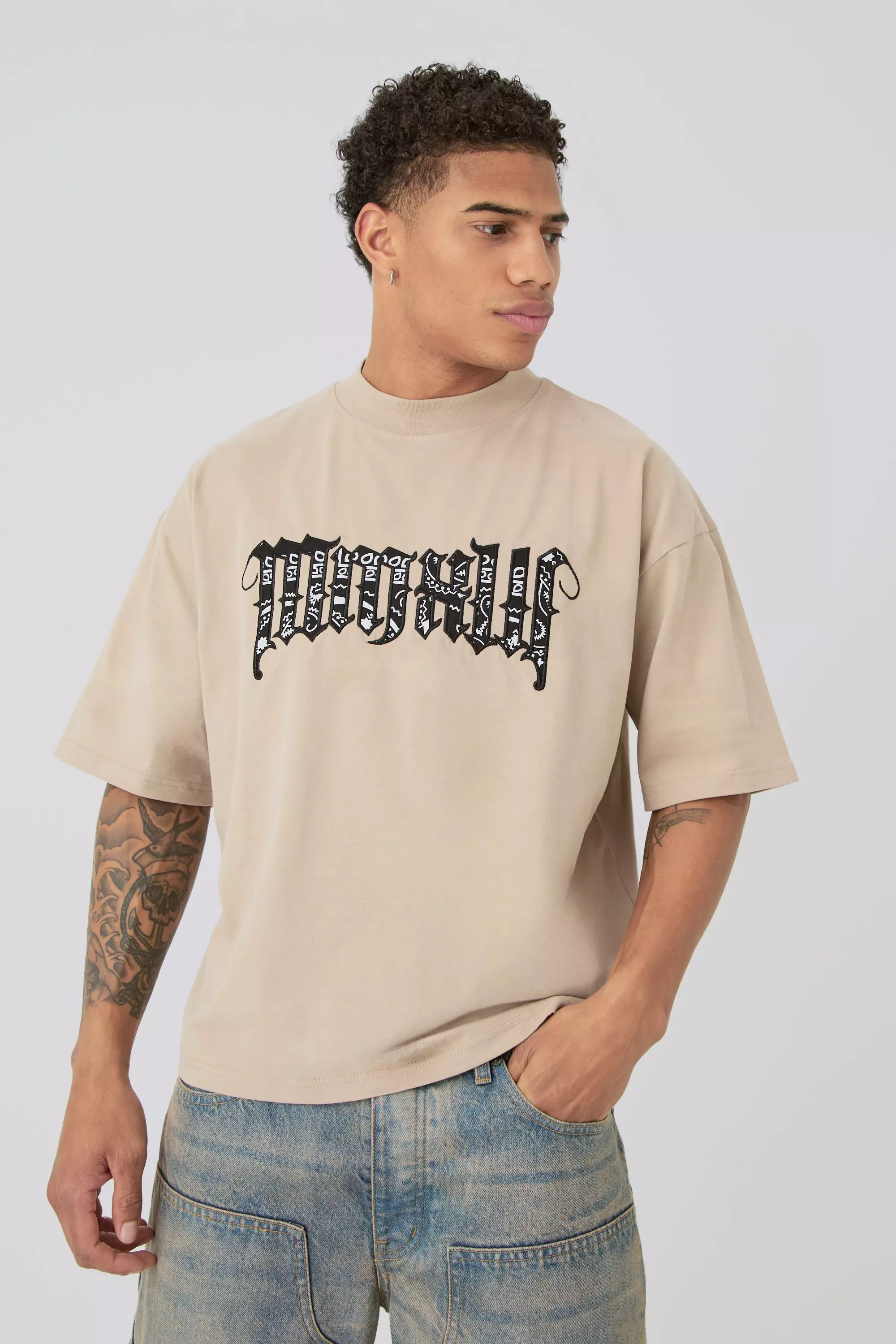 Taupe Beige Oversized Boxy Extended Neck Peached Heavyweight Applique T-shirt