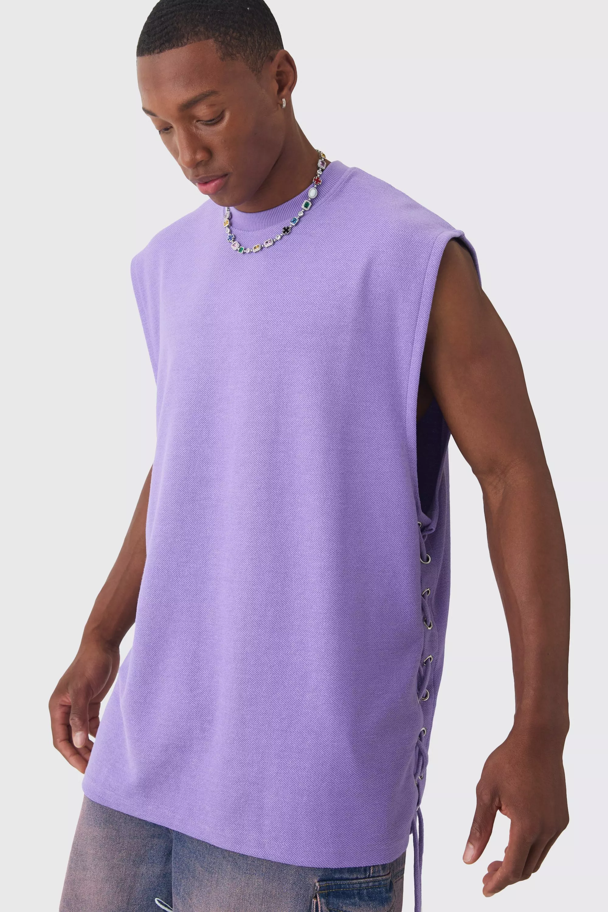 Lilac Purple Oversized Reverse Loopback Lace Up Tank