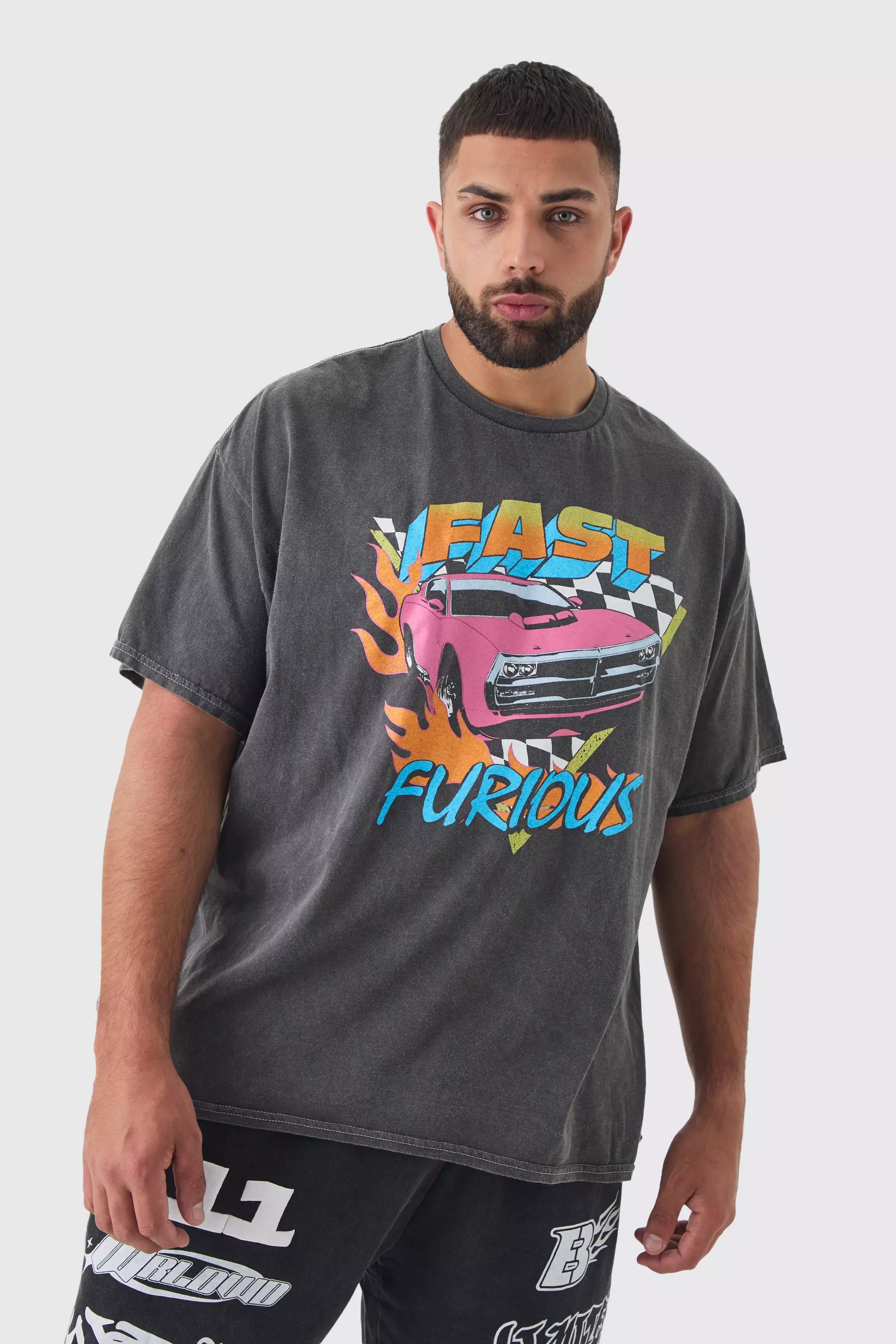 Plus Fast & Furious License Overdye Print T-shirt Charcoal