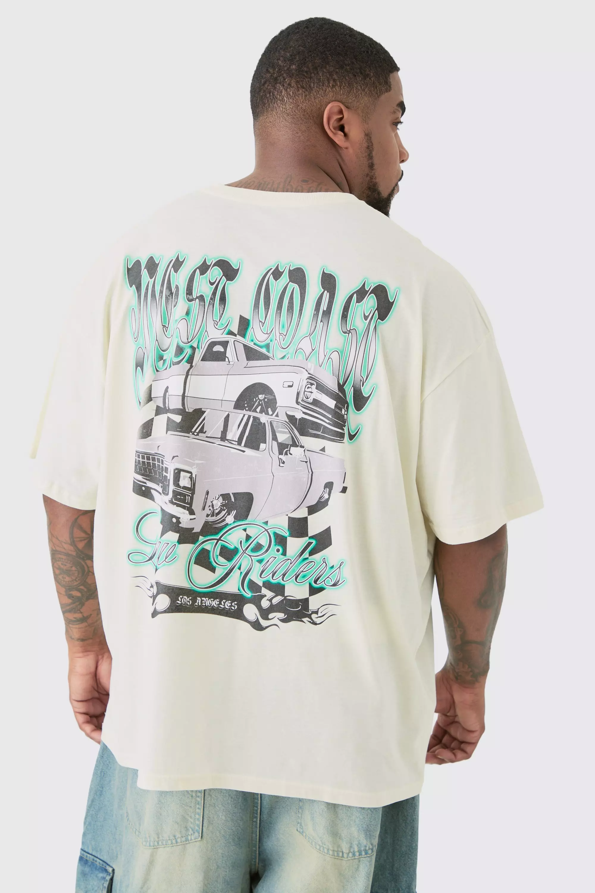 White Plus West Coast Graphic back Print Car T-shirt In Ecru