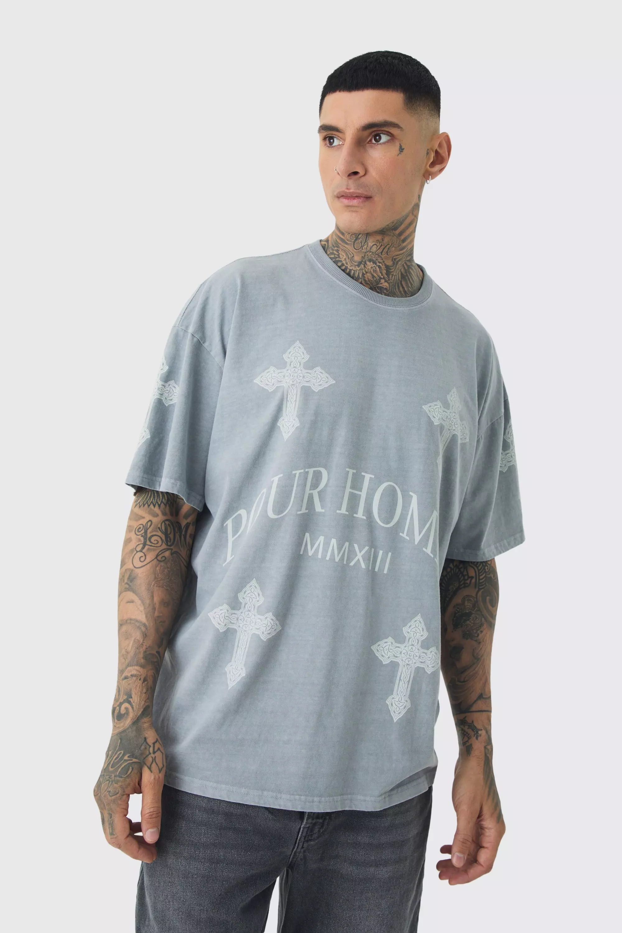 Grey Tall Pour Homme Cross Graphic T-shirt In Grey