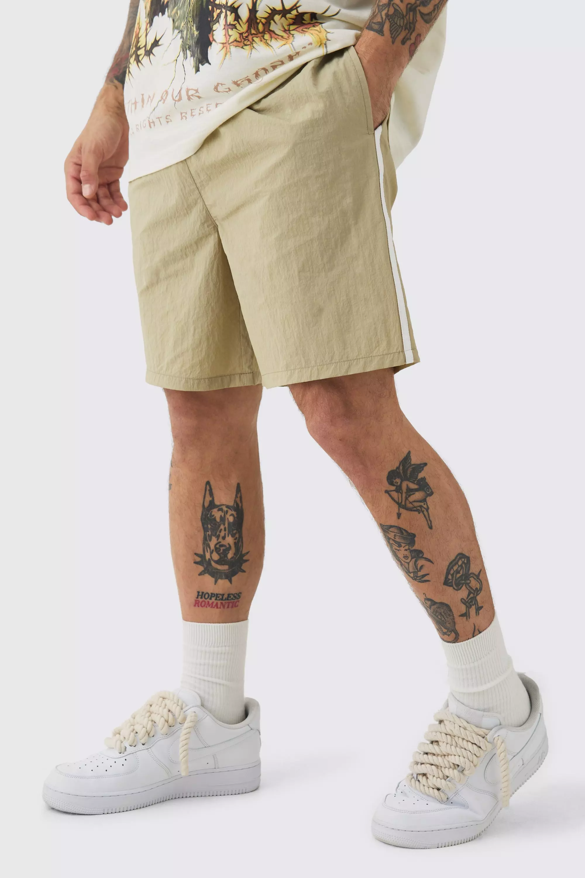 Elasticated Waist Side Piping Shell Shorts In Stone alternative image