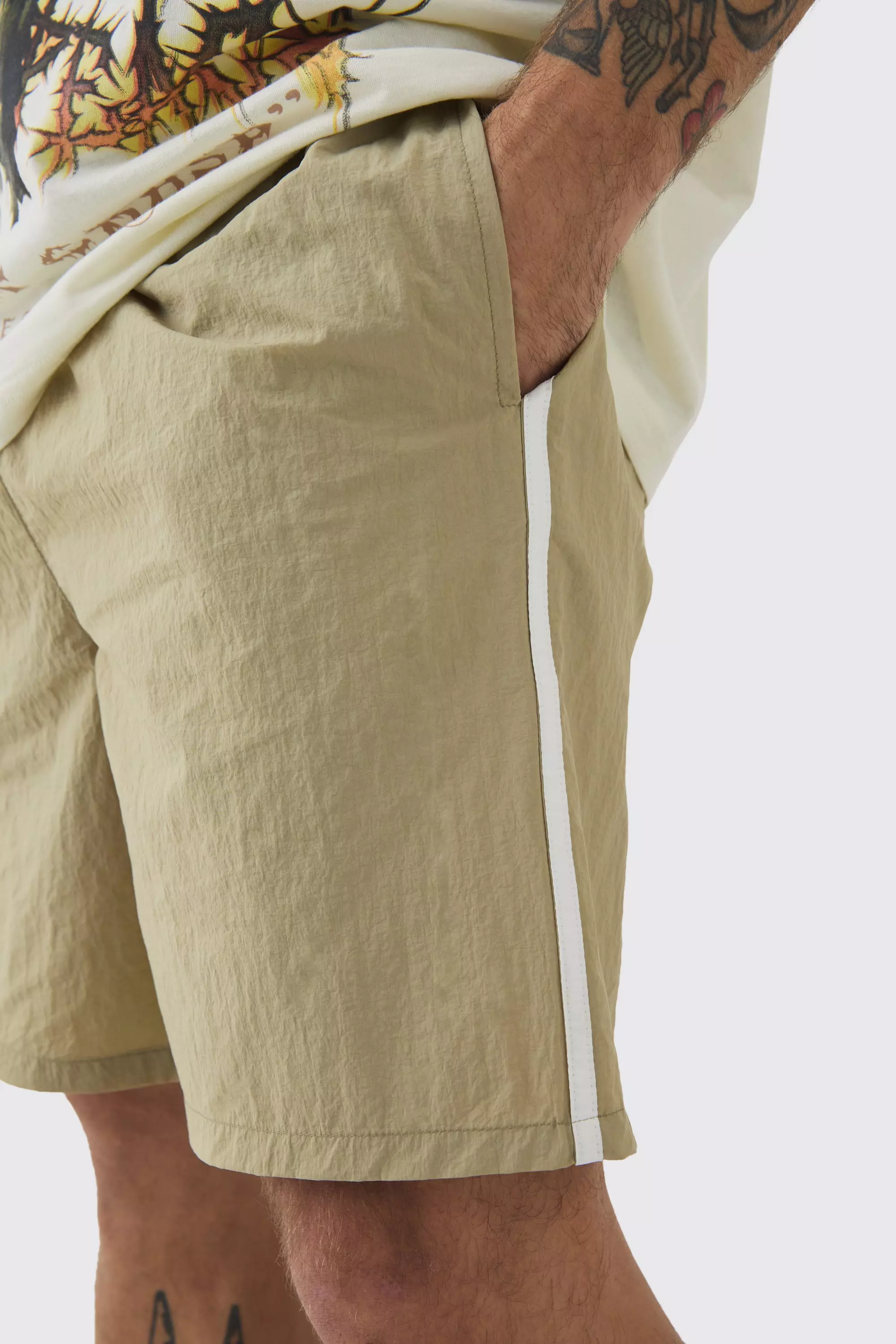 Elasticated Waist Side Piping Shell Shorts In Stone alternative image