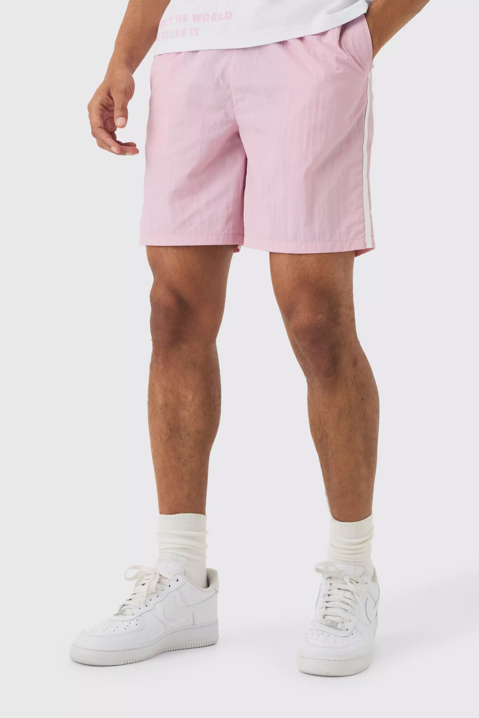 Pink Elasticated Waist Relaxed Side Piping Shell Short Shorts In Pink