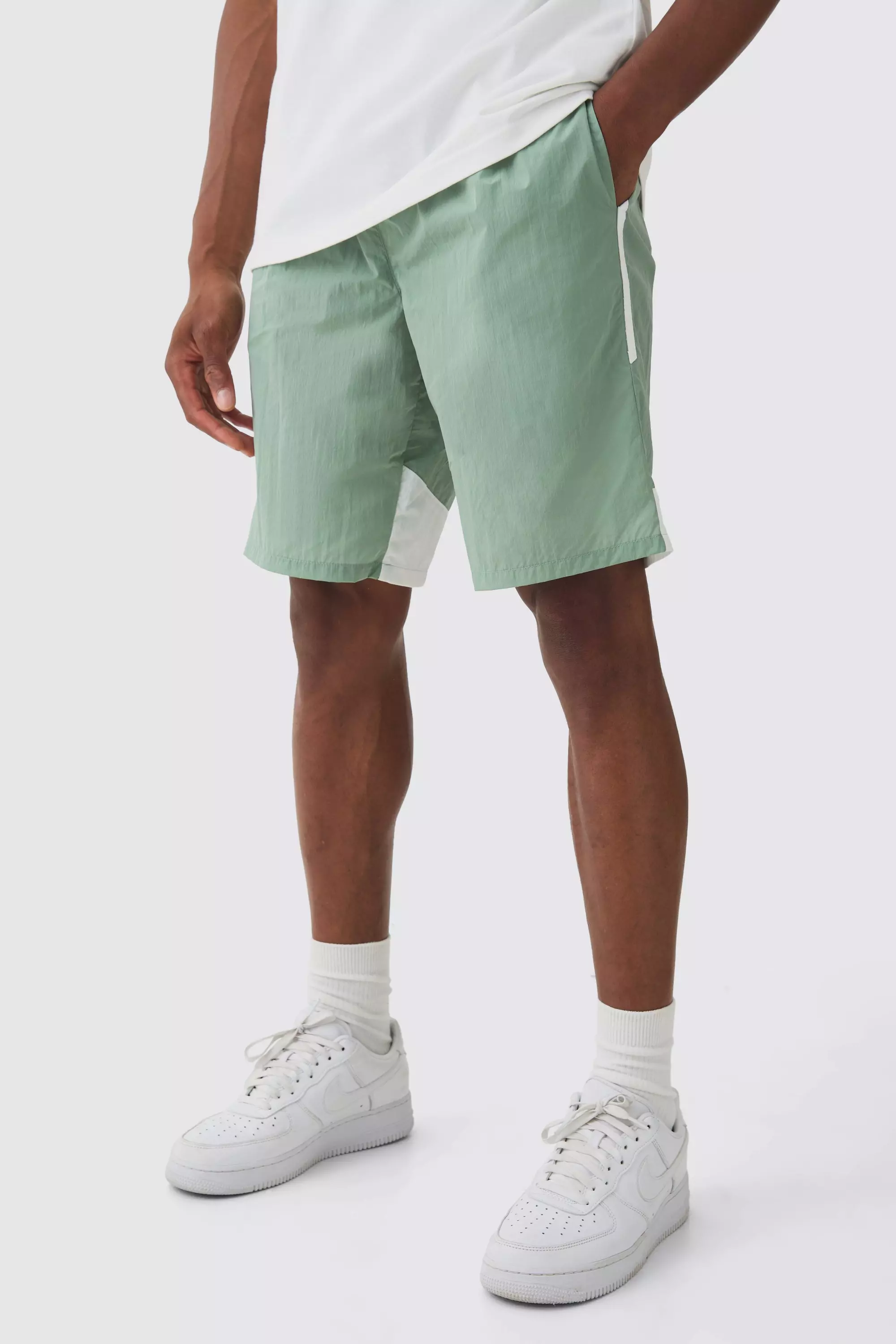 Green Elasticated Waist Side Stripe Shell Shorts In Sage