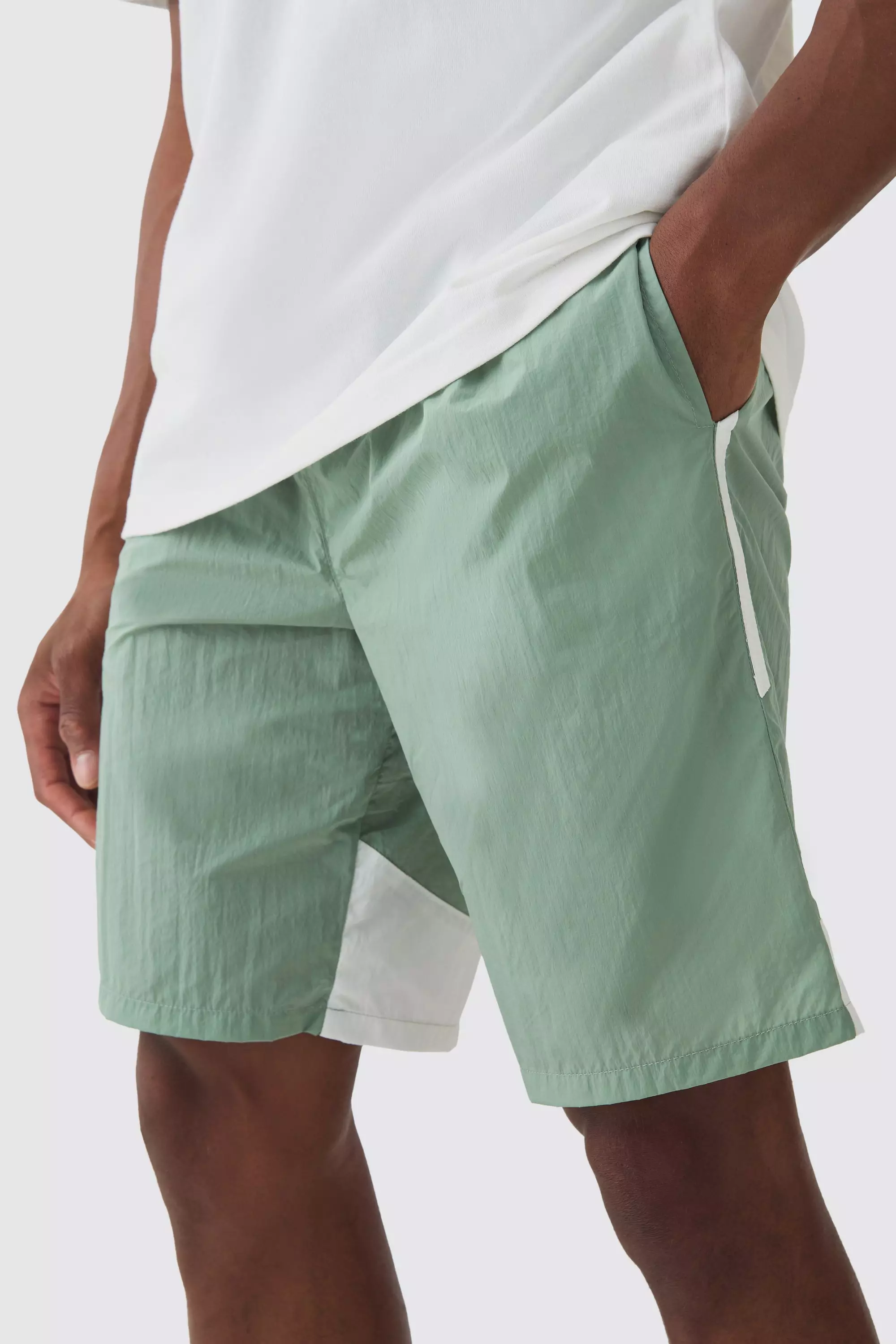 Elasticated Waist Side Stripe Shell Shorts In Sage alternative image