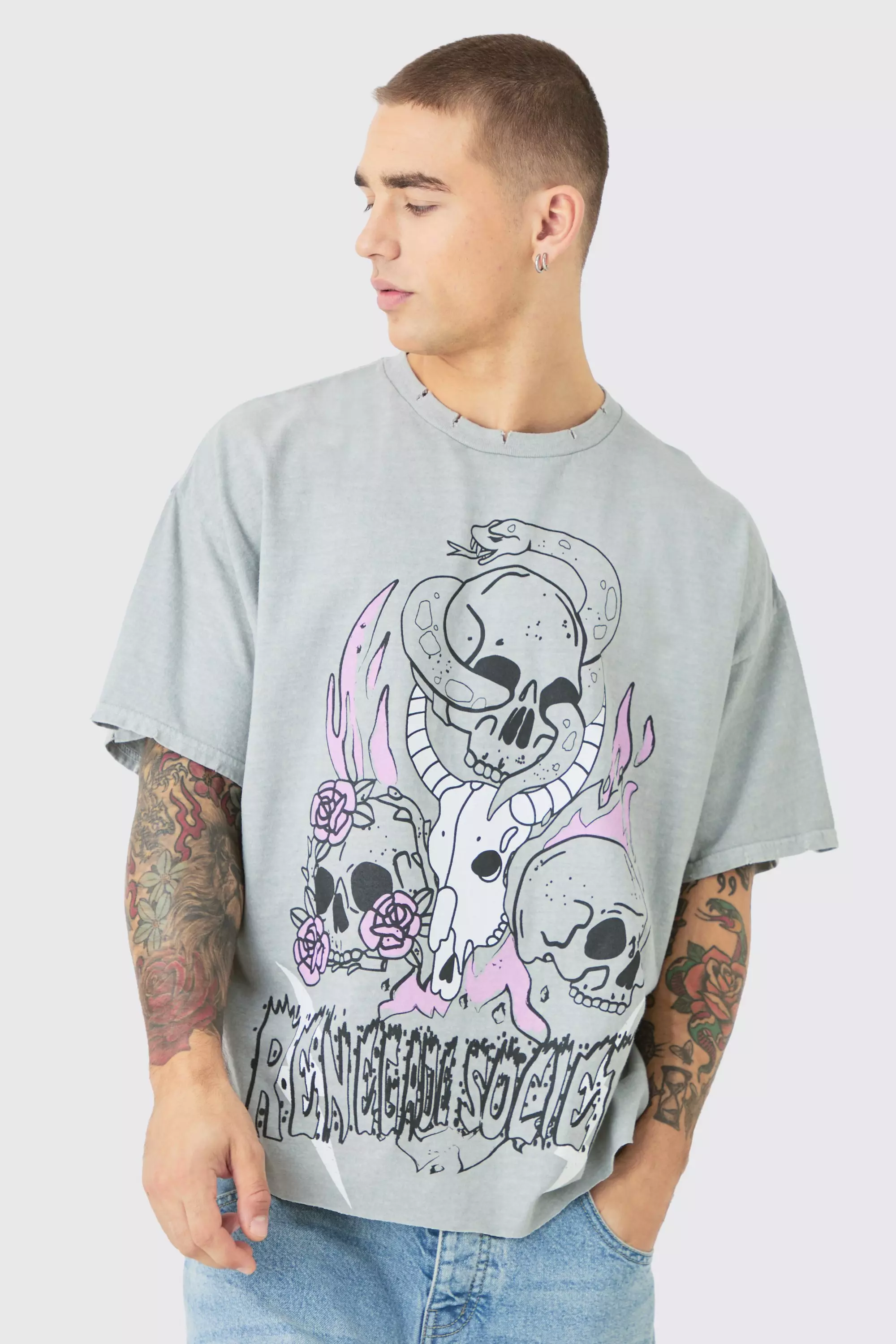 Oversized Skull Wash Graphic T-shirt Charcoal