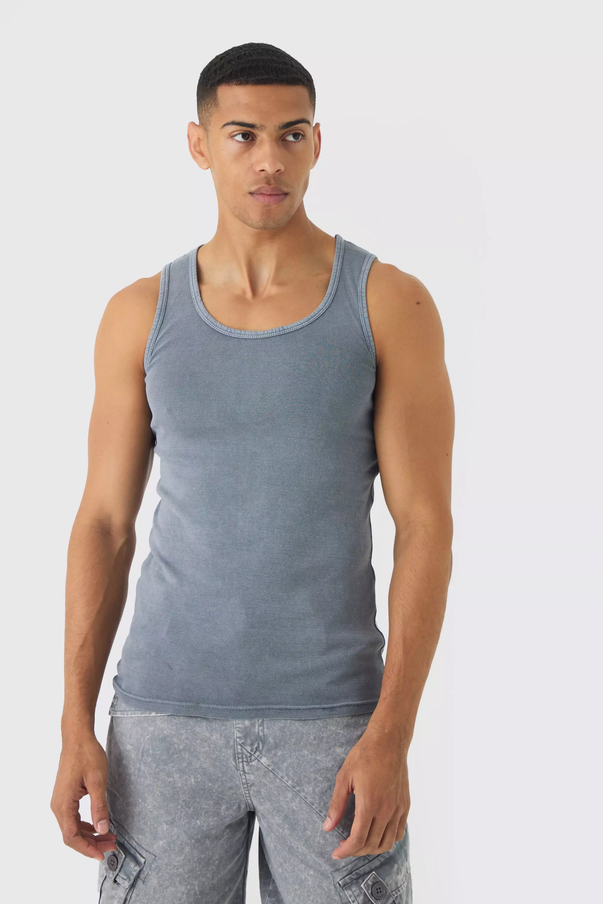 Muscle Fit Ribbed Acid Wash Vest Charcoal