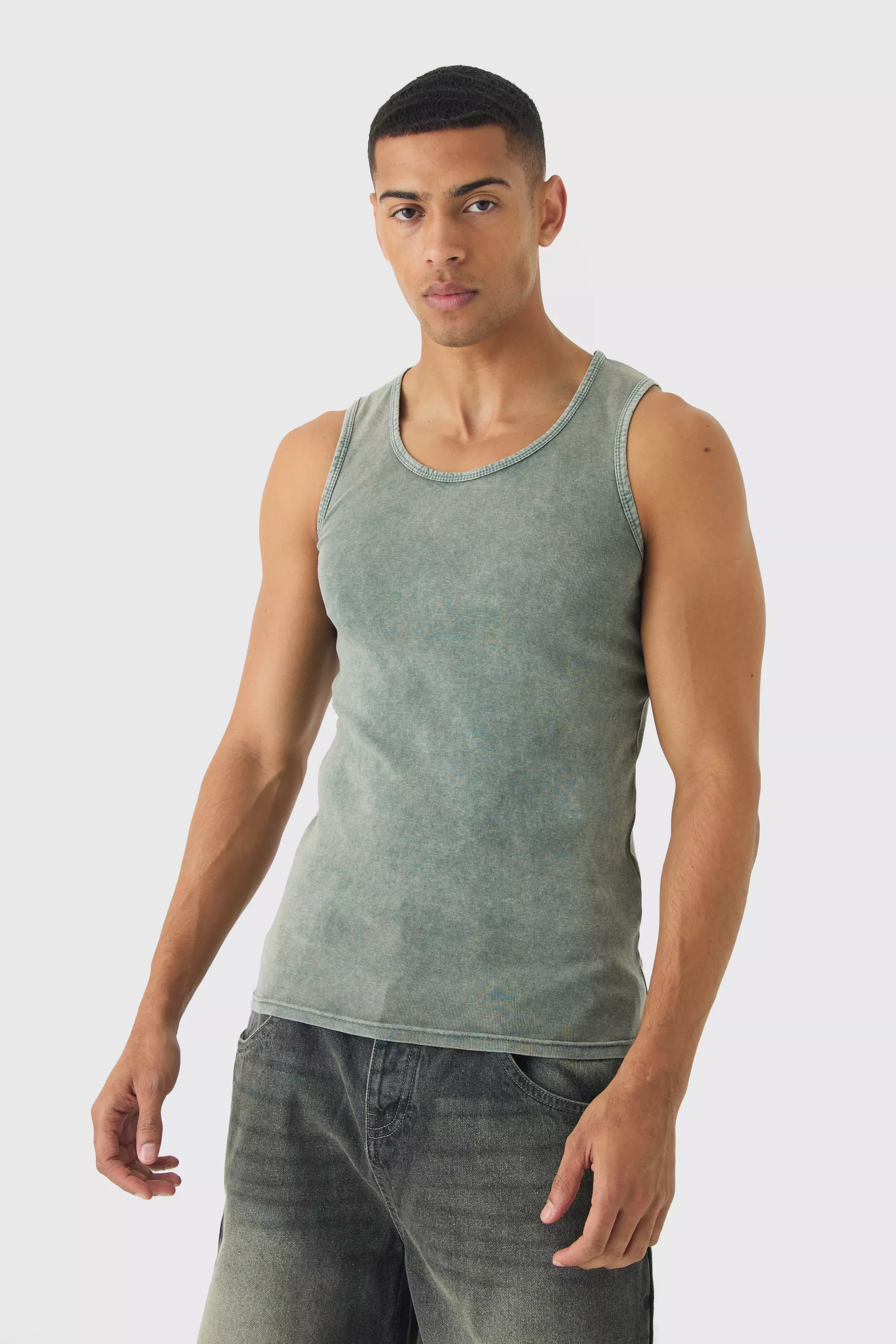 Muscle Fit Ribbed Acid Wash Vest Dark green