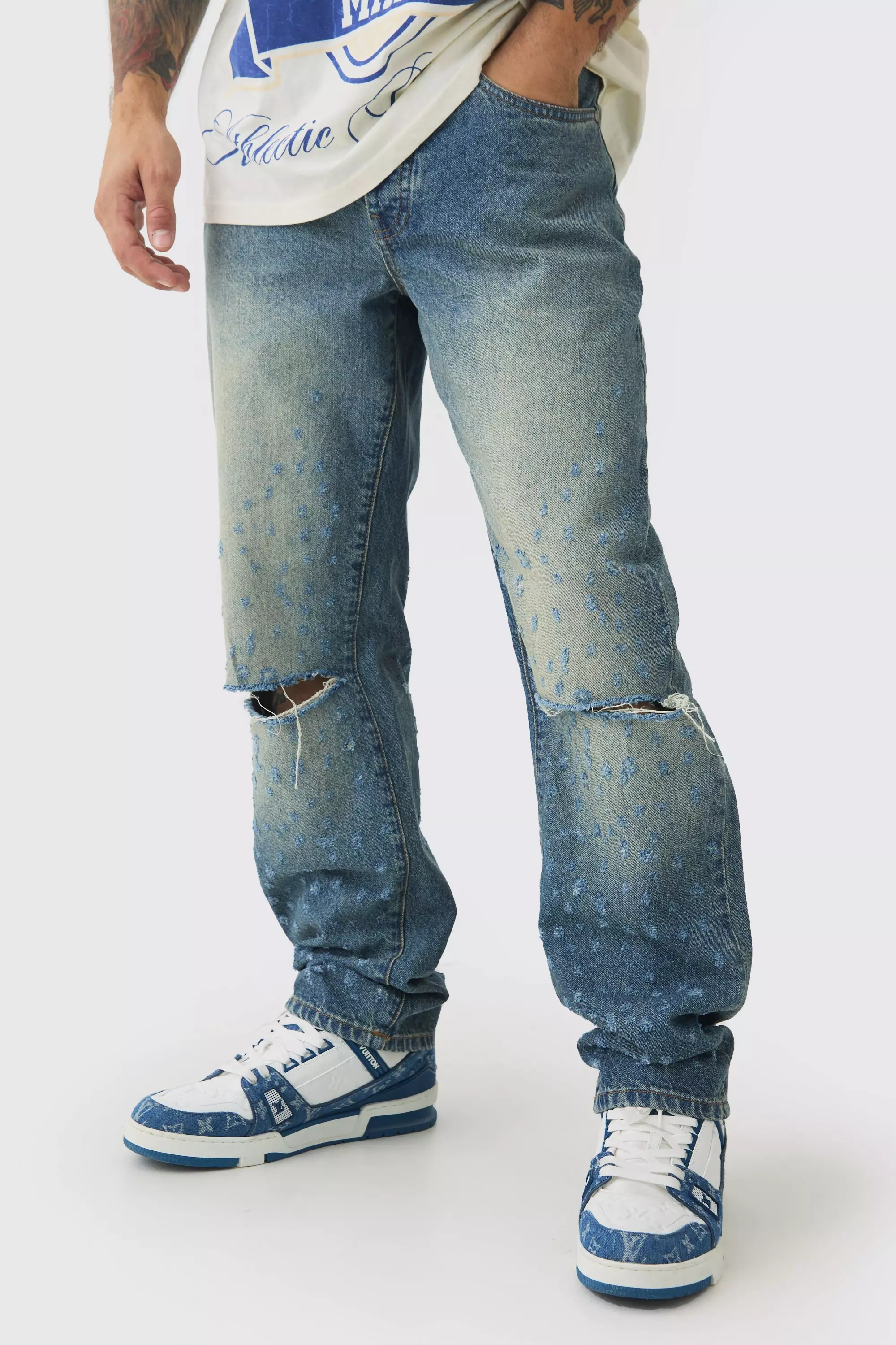 Blue Relaxed Rigid Distressed Knee Slit Jeans