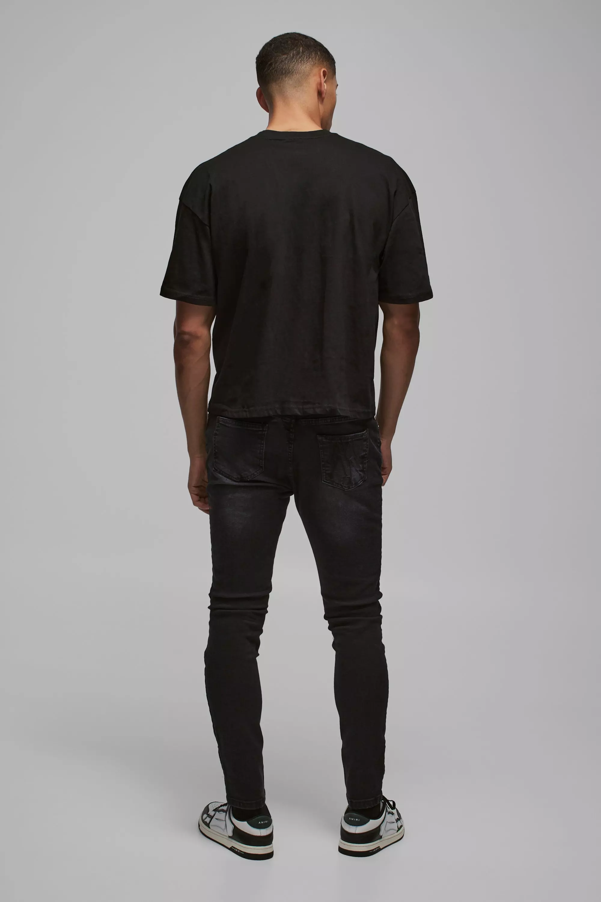 Skinny Stretch True Black Pu Biker Rip & Repair Jeans | boohooMAN USA