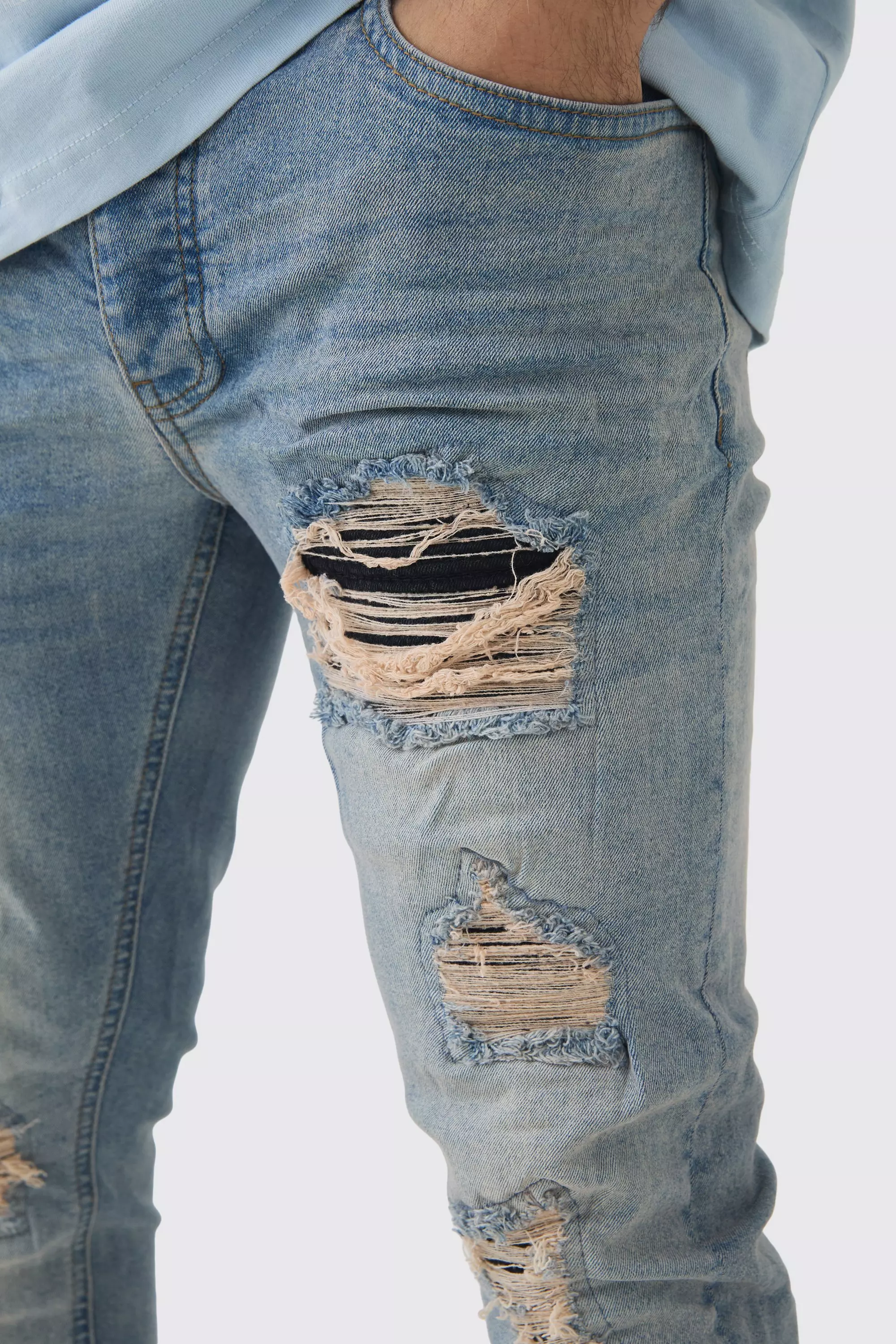 Skinny Stretch Black Pu Biker Rip & Repair Jeans | boohooMAN USA