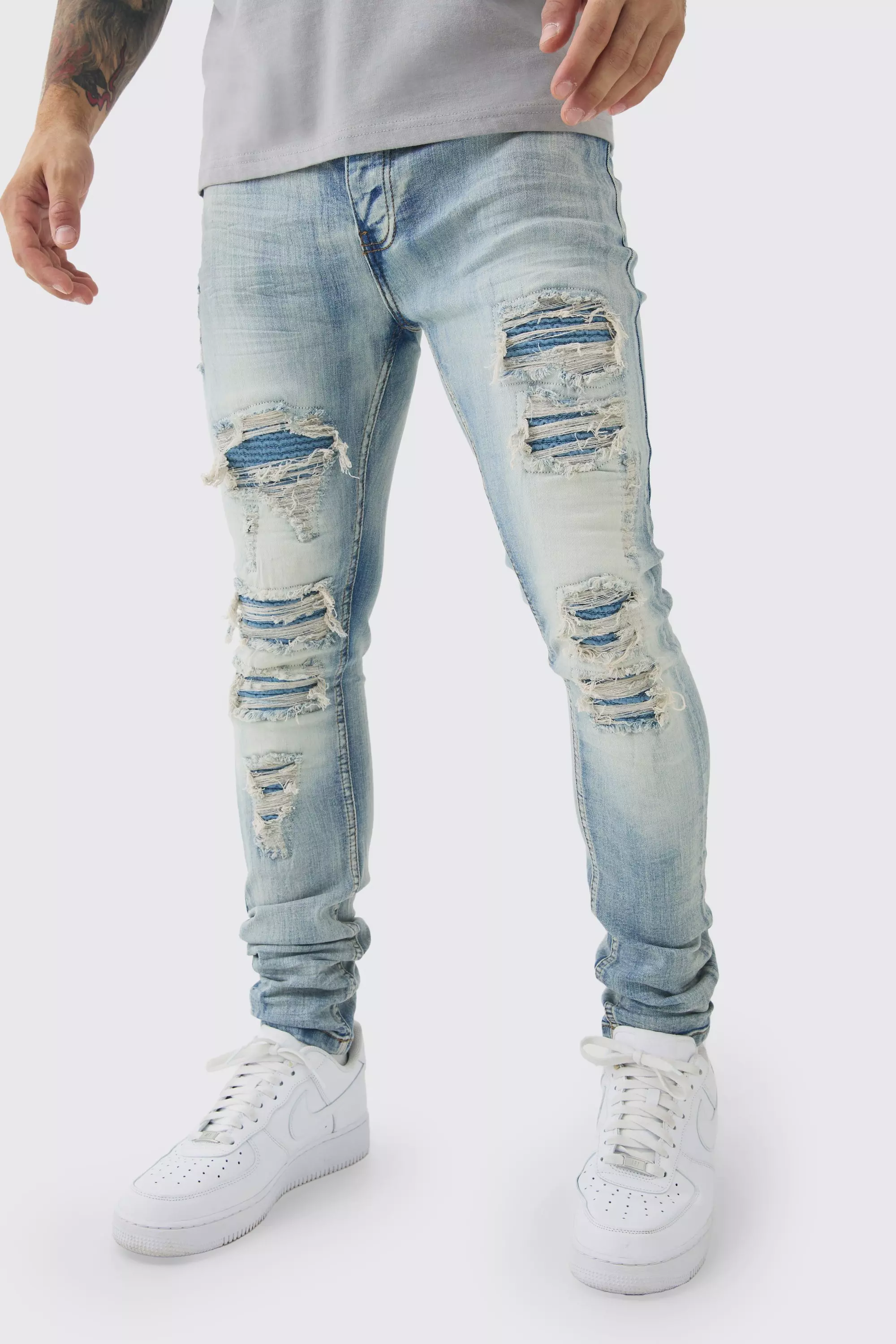 Super Skinny Stretch Pale Blue Biker Rip & Repair Jeans | boohooMAN USA