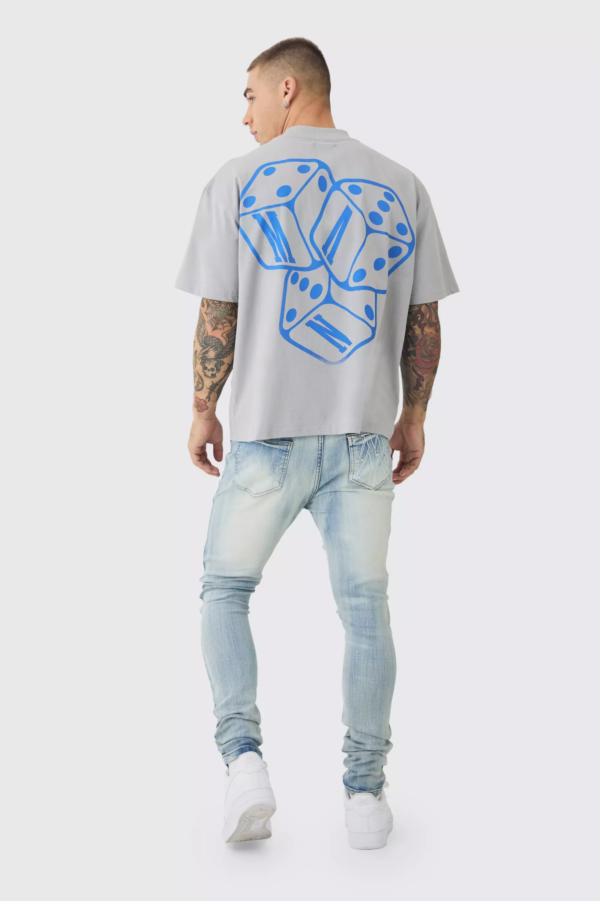 Super Skinny Stretch Pale Blue Biker Rip & Repair Jeans | boohooMAN USA