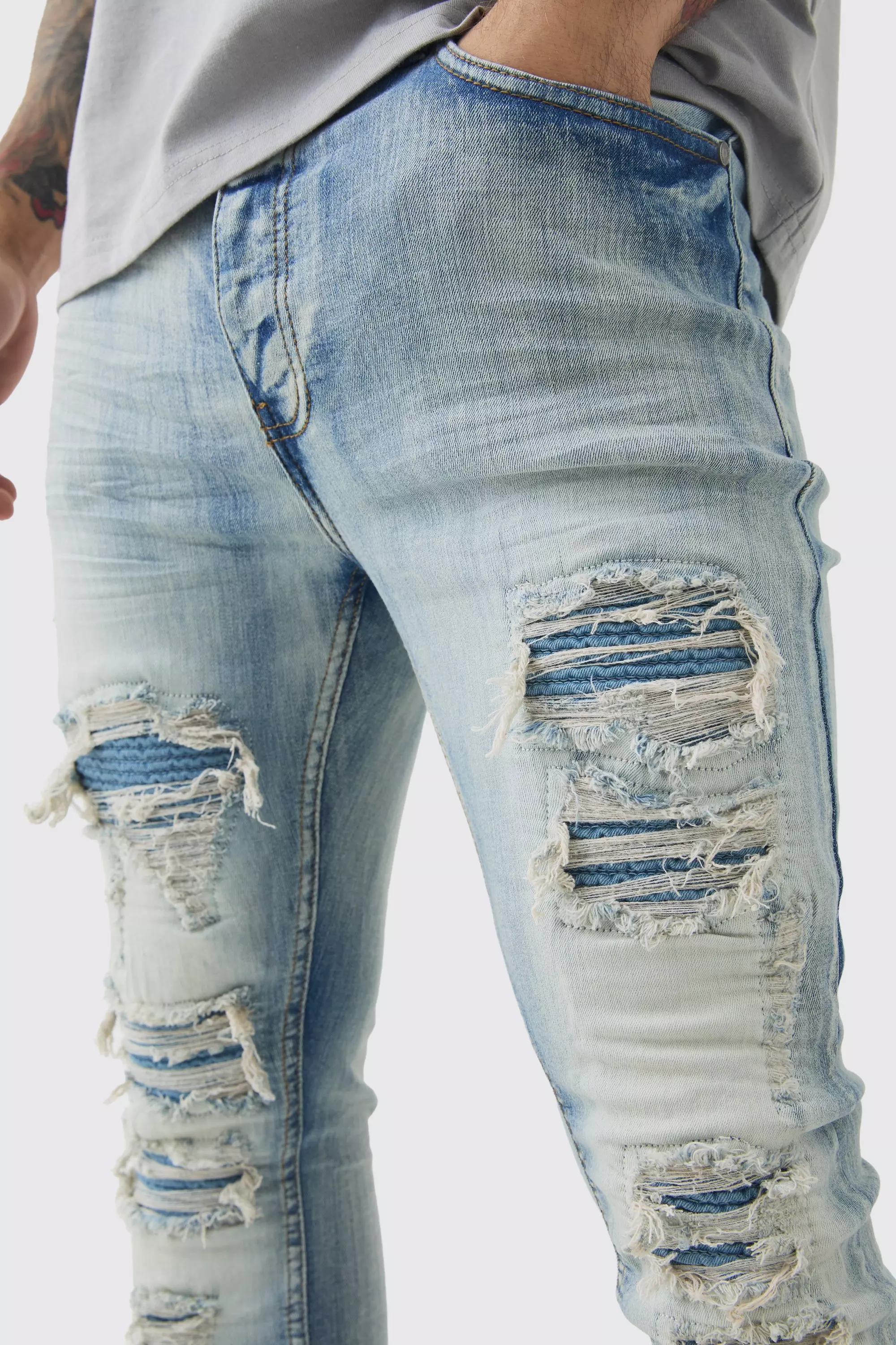 Super Skinny Stretch Pale Blue Biker Rip & Repair Jeans | boohooMAN USA