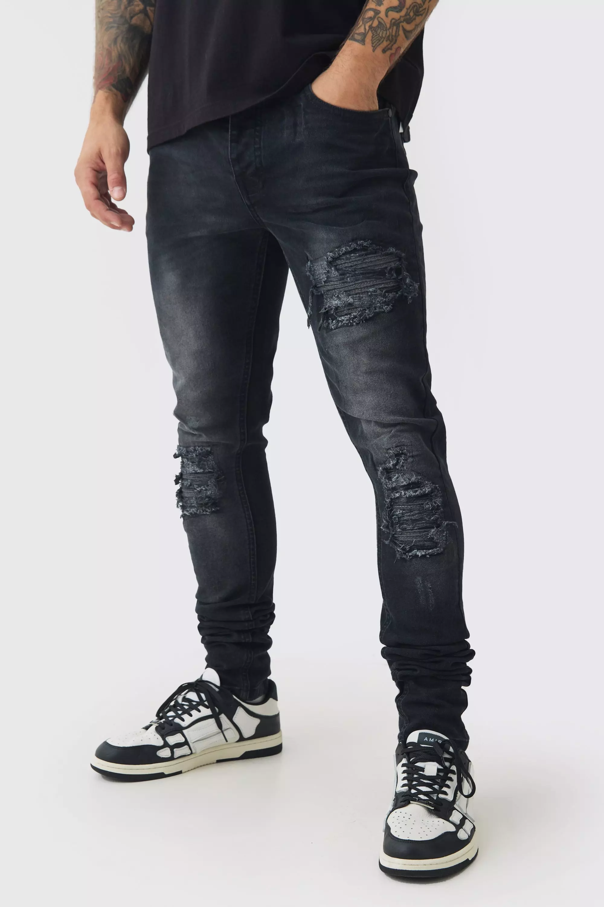 Black Skinny Stretch Stacked Biker Rip & Repair Jeans