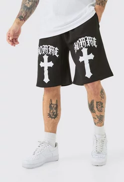 Oversized Homme Gothic Cross Print Short Black