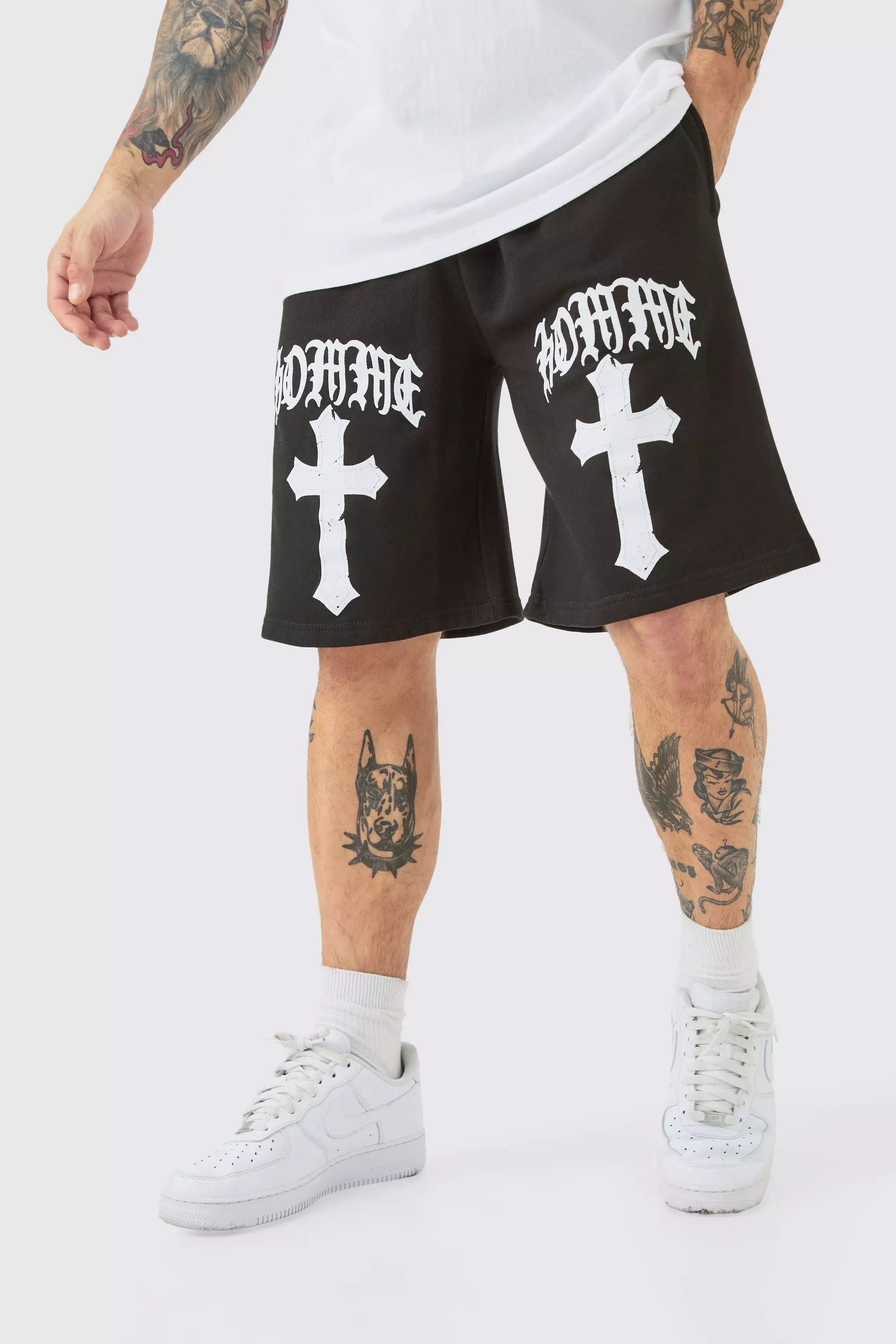 Oversized Homme Gothic Cross Print Short Black