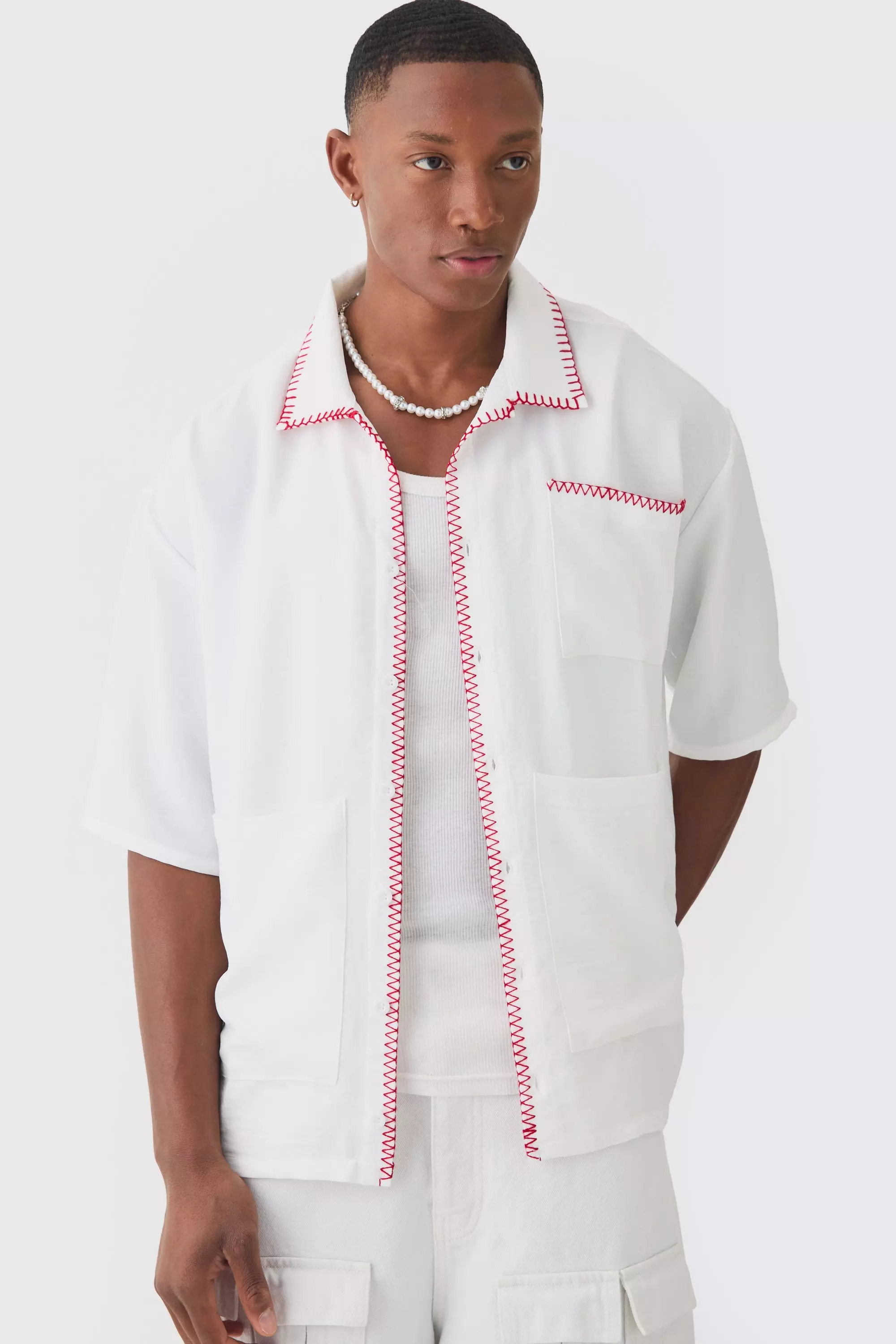 Oversized Linen Contrast Cross Stitch Shirt White