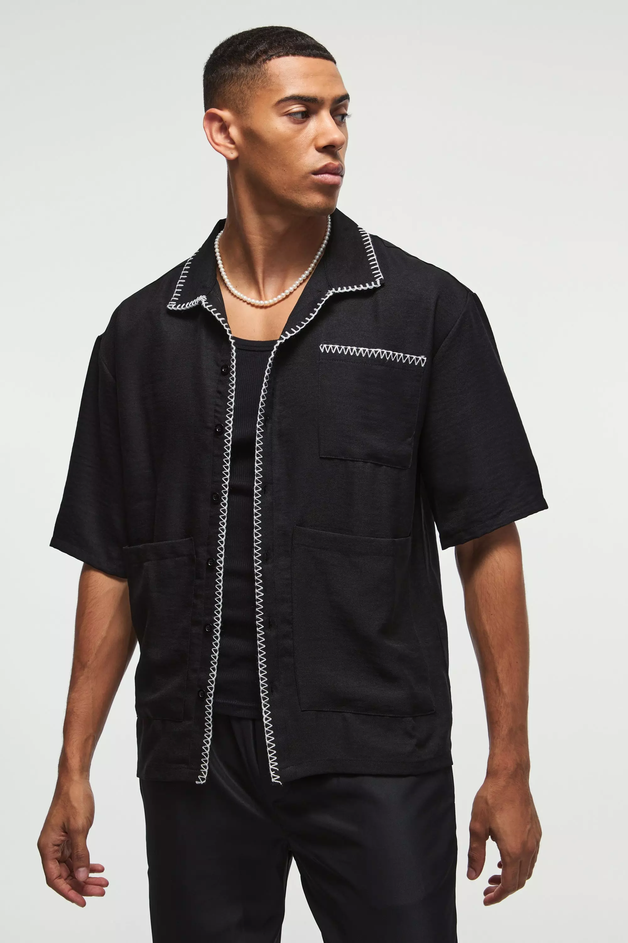 Oversized Linen Contrast Cross Stitch Shirt Black