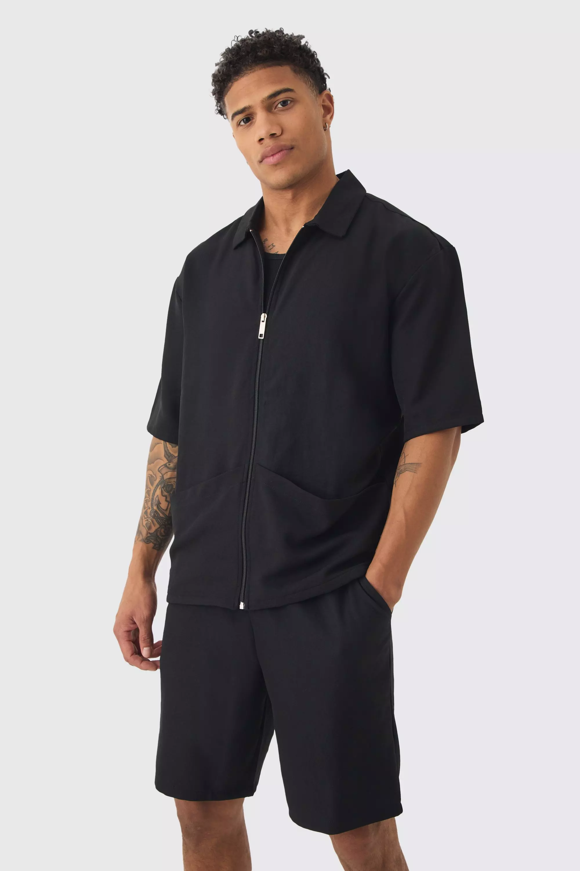 Oversized Linen Deep Pocket Shirt & Short Set | boohooMAN USA