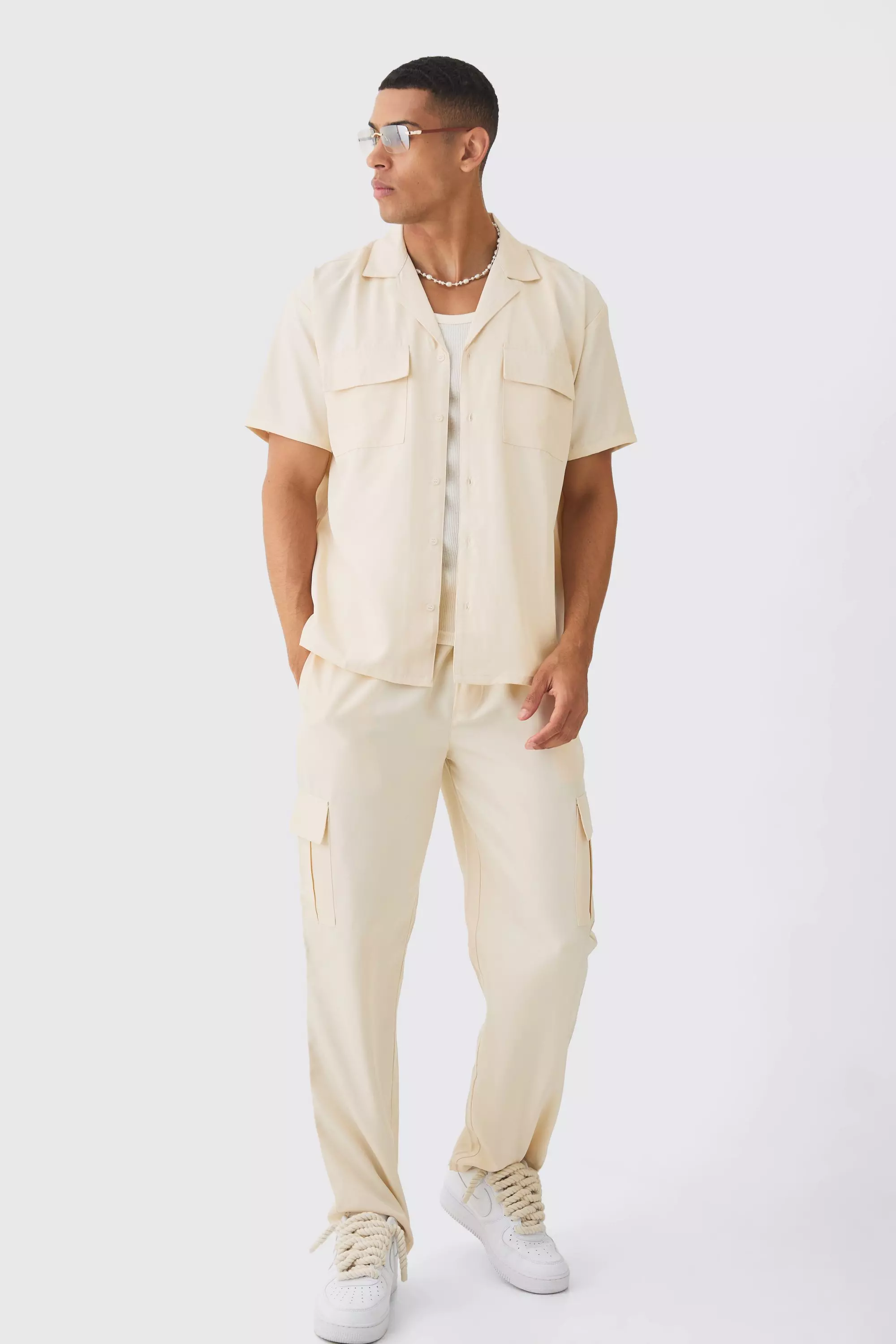 Oversized Revere Soft Twill Cargo Pocket Shirt Ecru